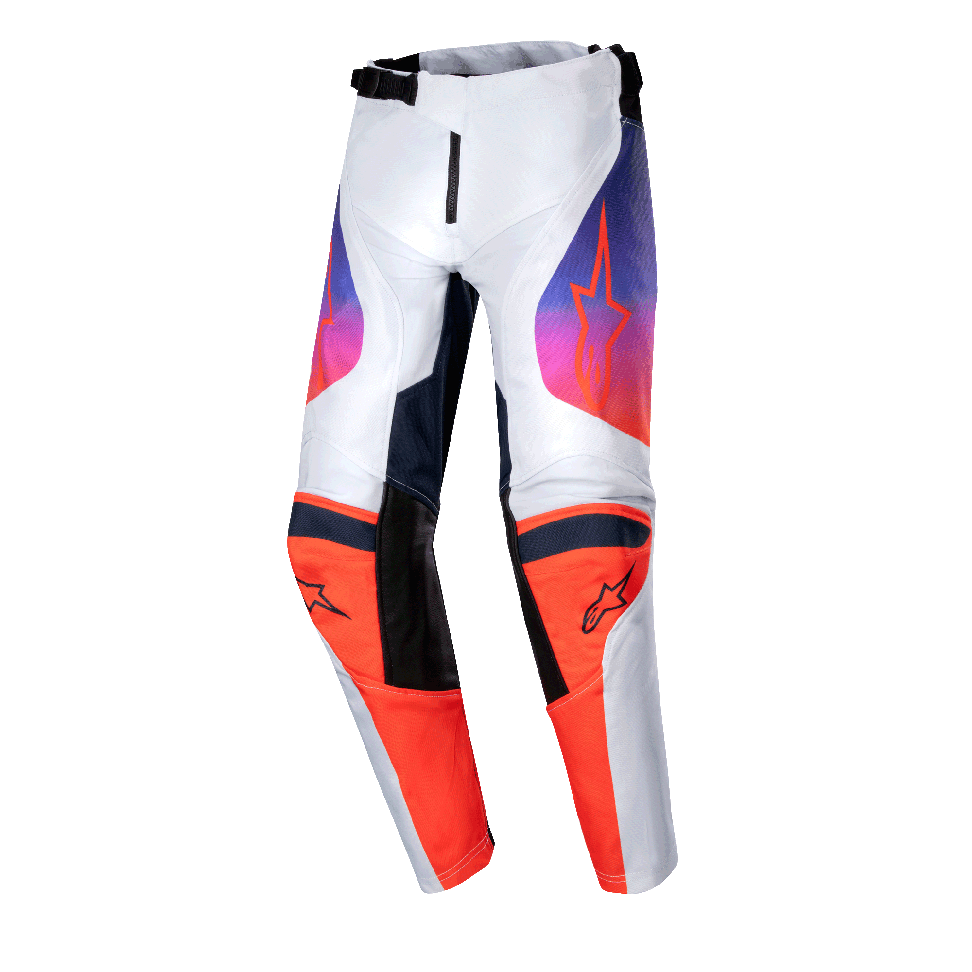 Alpinestars 2024 Youth Racer Hoen Pants, Motocross Pants, Light Gray Hot Orange and Black, featuring vibrant orange knee panels with black logos and gradient purple-to-orange thigh graphics, ergonomic pre-curved design for off-road racing
