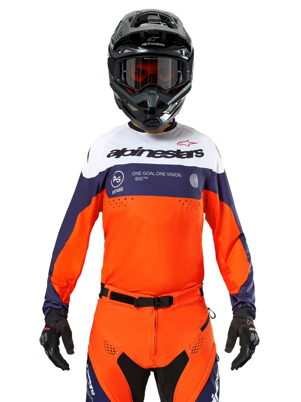 Alpinestars Pro-Dura Jersey, Motocross Jersey, Navy Blue, Hot Orange, and White, worn with a black helmet and gloves, featuring laser-perforated ventilation zones, bold branding, and "ONE GOAL. ONE VISION." chest graphic