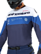 Alpinestars Pro-Dura Jersey, Enduro and Motocross Jersey, Navy, Bright Blue, and White, athletic fit with bold branding, durable textile construction for off-road performance