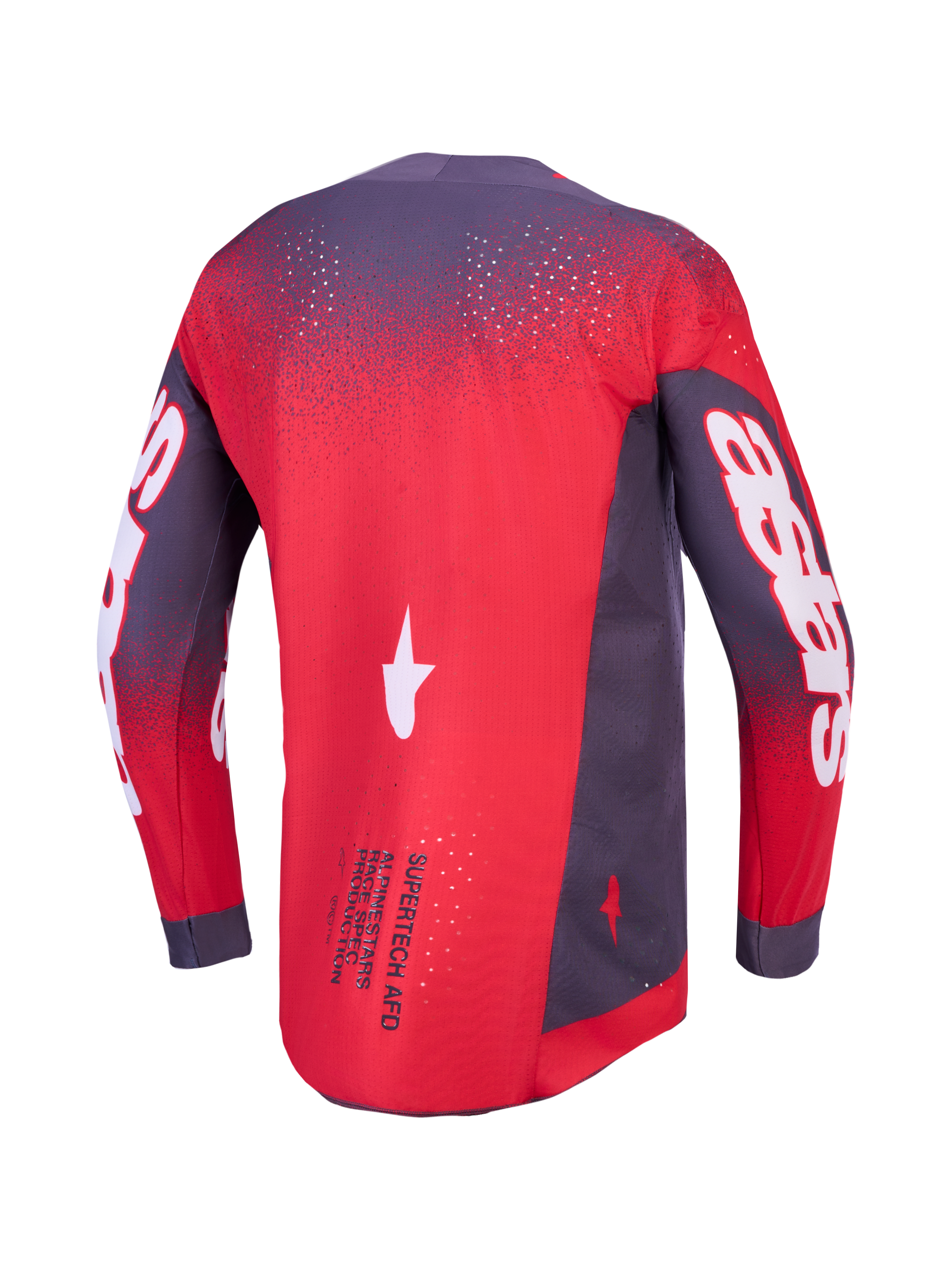 Alpinestars Supertech Hiten AFD Jersey, back view of motocross racing top in Red Fluo and Graystone with athletic fit.