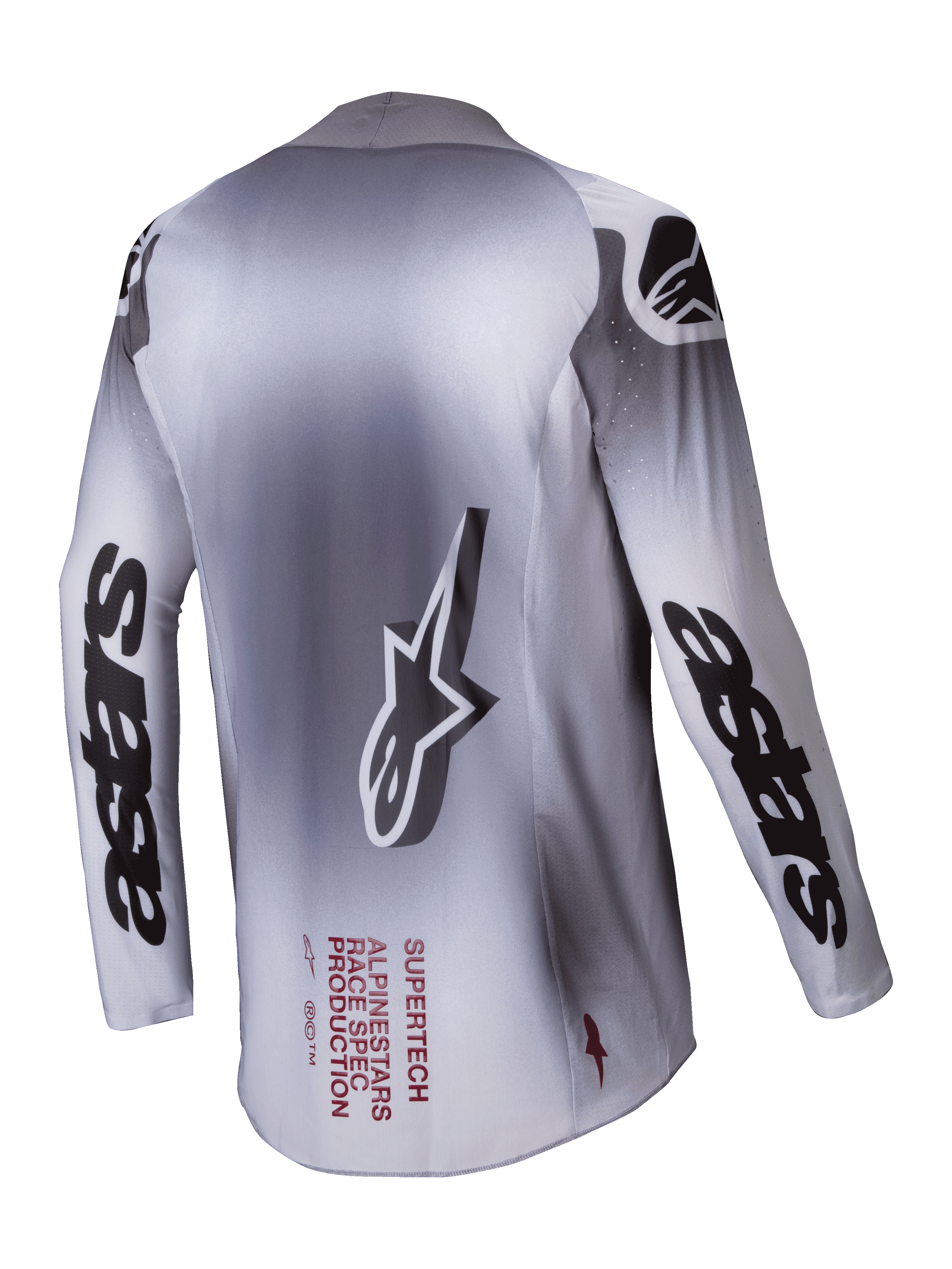 Alpinestars 2025 Supertech Maker Jersey, Men's Motocross Jersey, Silver and Black, rear view showing stretch mesh construction and branding