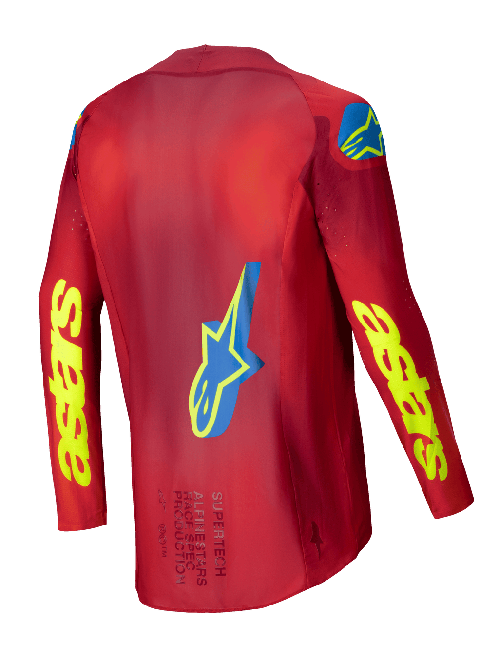 Alpinestars 2025 Supertech Maker Jersey, Motocross Racing Jersey, Men's, Bright Red and Yellow Fluo, back view showing stretch-mesh construction and graphic details
