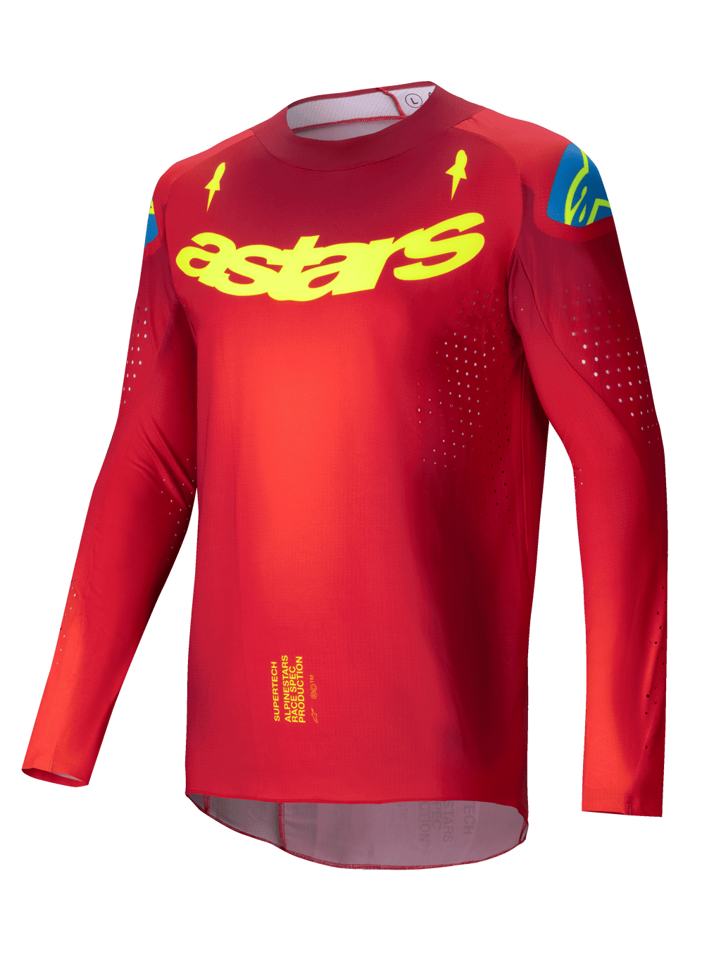Alpinestars 2025 Supertech Maker Jersey, Pro Level Motocross Jersey for Men in Bright Red and Yellow Fluo, lightweight stretch mesh with laser-cut ventilation perforations