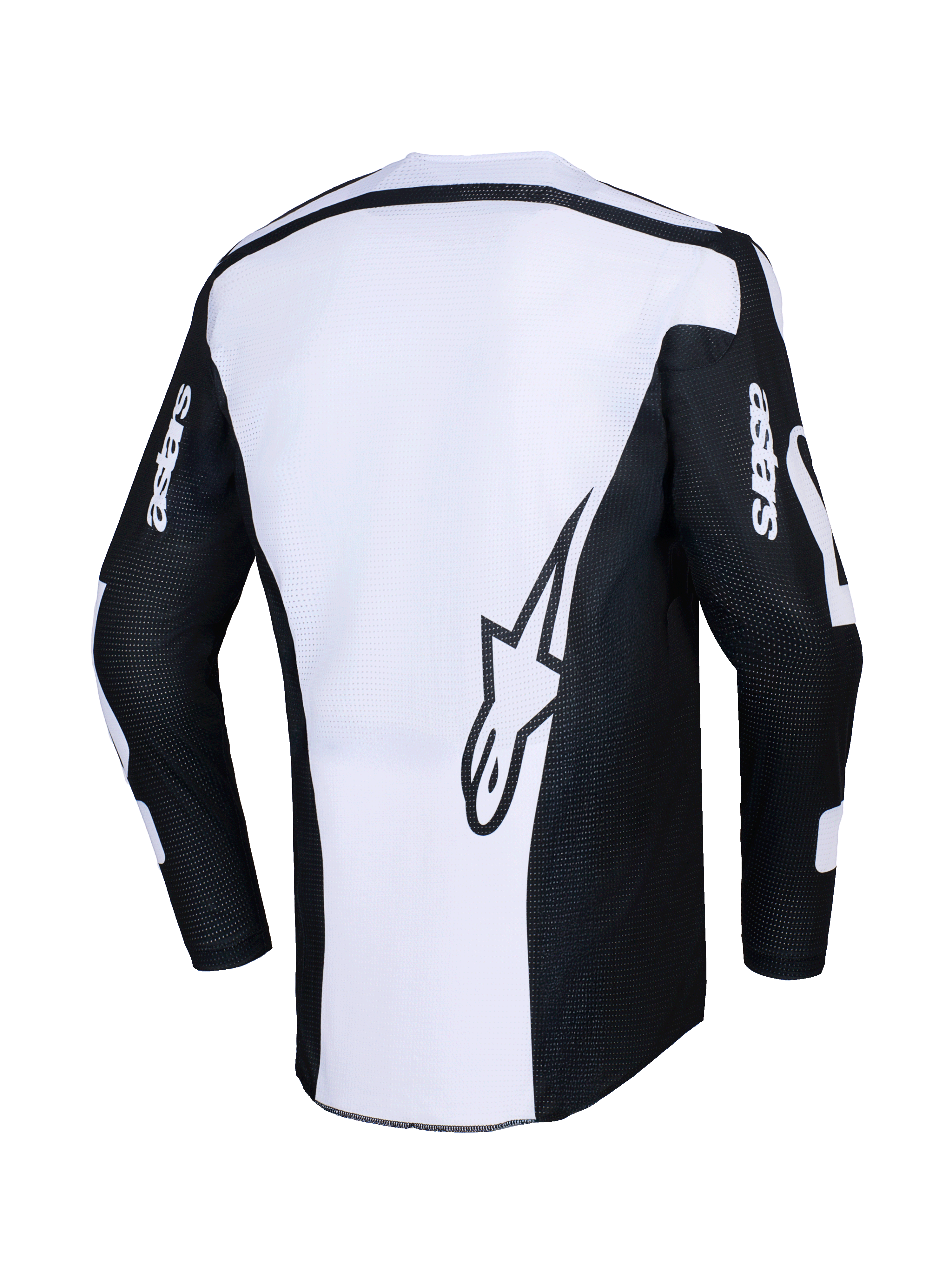 Alpinestars 2026 Racer Air Riway Jersey, Motocross Jersey, Black and White, back view showing large star logo on white panel, black sleeves with 'astars' branding, perforated mesh fabric for airflow, technical off-road riding gear