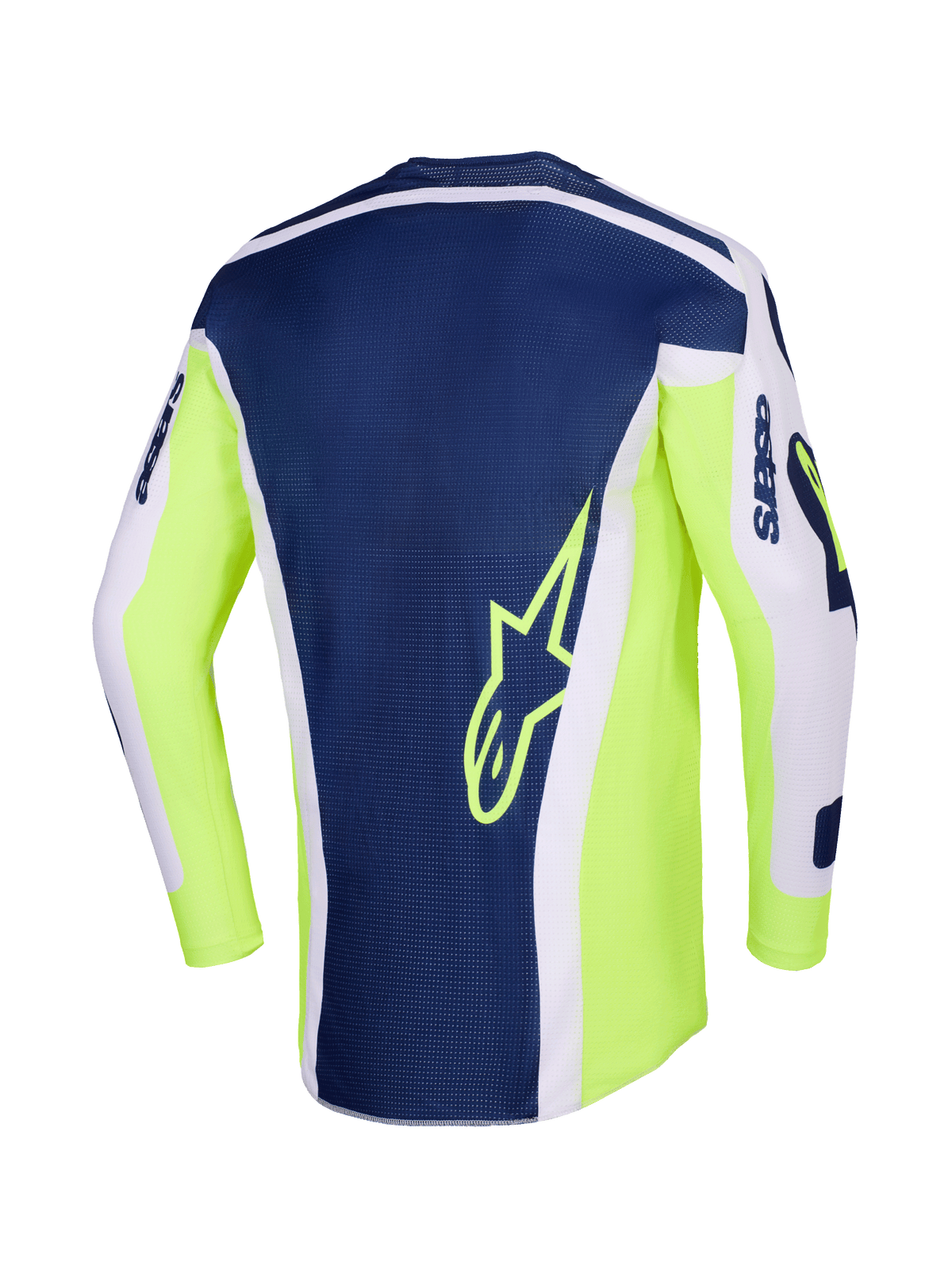 Alpinestars 2026 Racer Air Riway Jersey, Motocross Jersey, Light Gray Yellow Fluo and Blue, back view featuring a navy blue central panel with a yellow star logo, bright yellow fluo sides, and light gray sleeves for off-road performance.