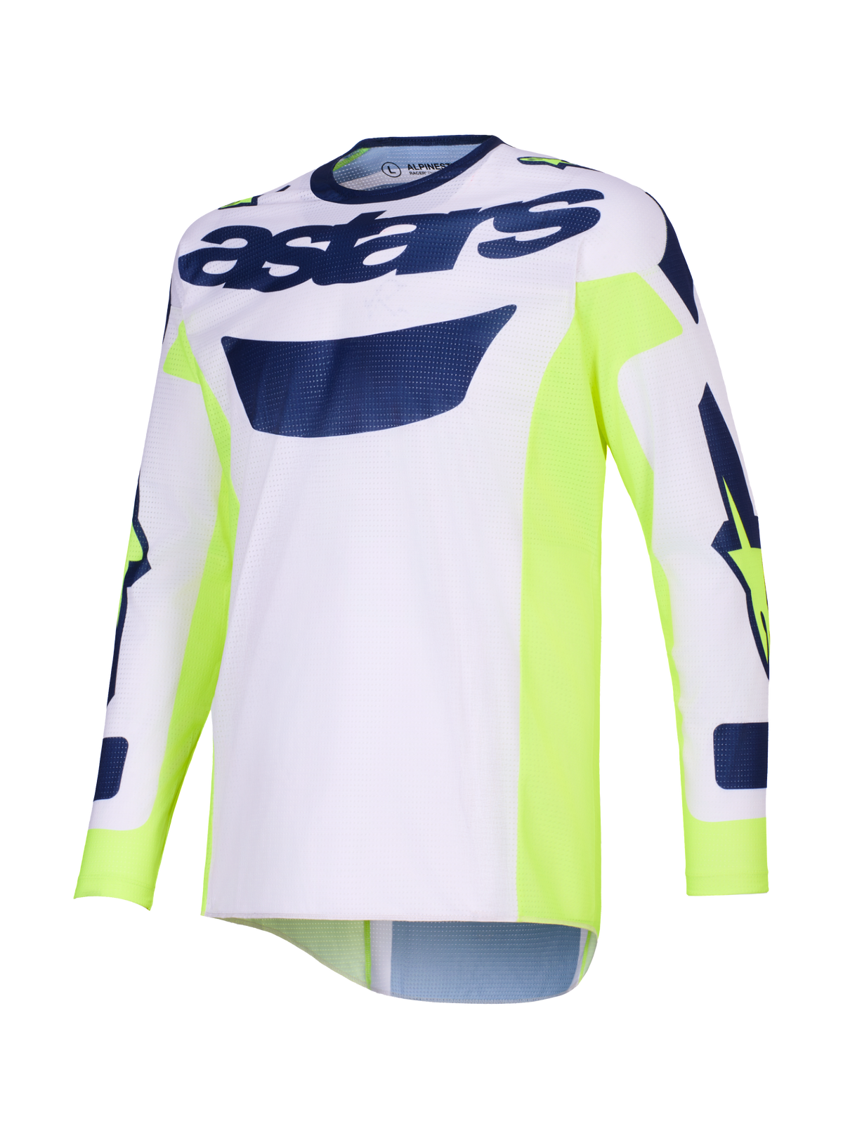 Alpinestars 2026 Racer Air Riway Jersey, Motocross Jersey, Light Gray with Yellow Fluo and Blue accents, 'astars' branding across the chest, neon yellow side panels, breathable mesh construction for off-road performance