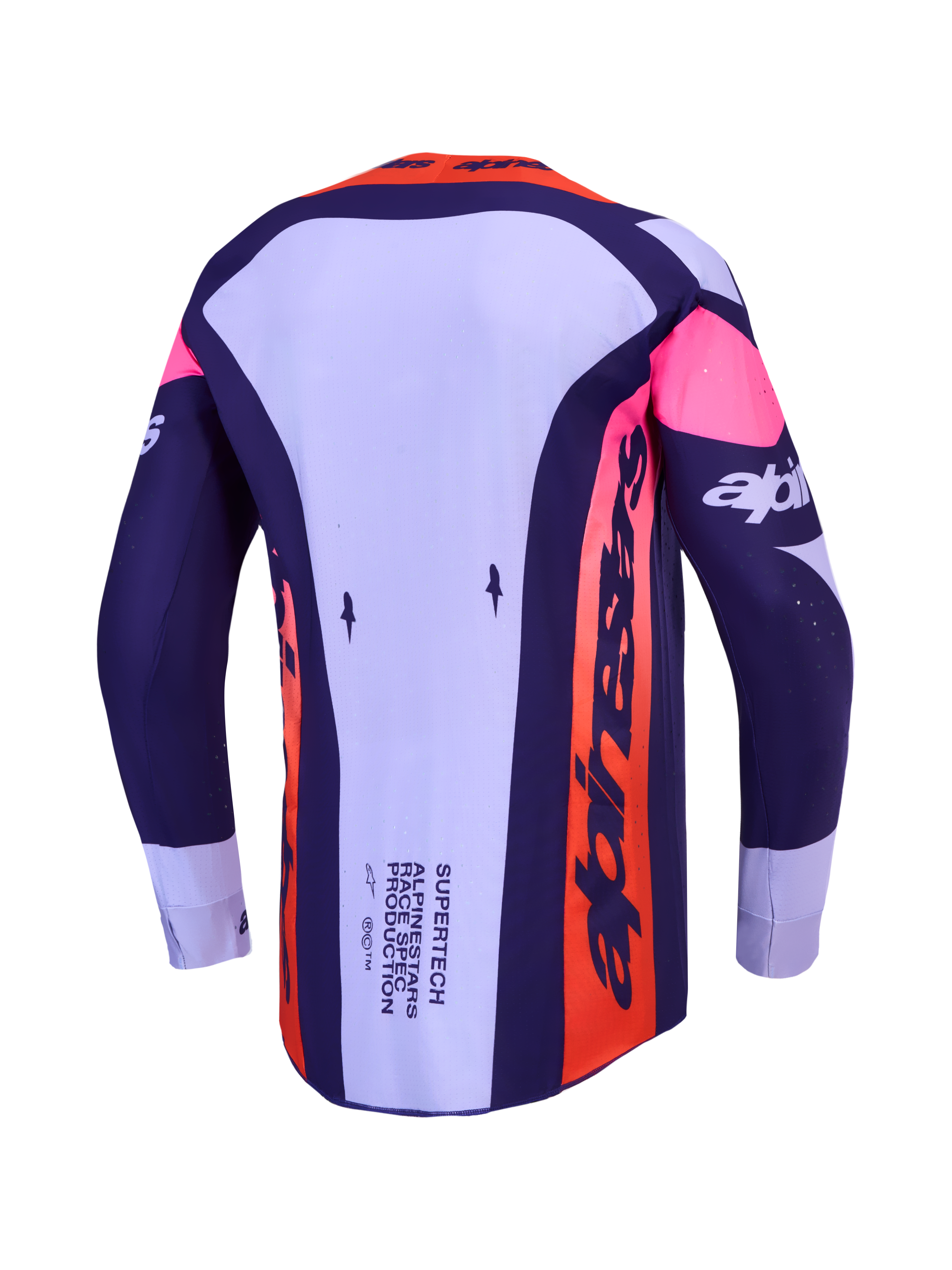 Alpinestars Supertech Dyna Jersey, purple and pink fluo motocross racing top, back view showing ventilated stretch mesh.