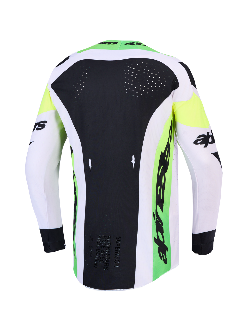 Alpinestars 2027 Supertech Dyna Jersey, back view, green fluo and black motocross jersey with laser-cut ventilation mesh.