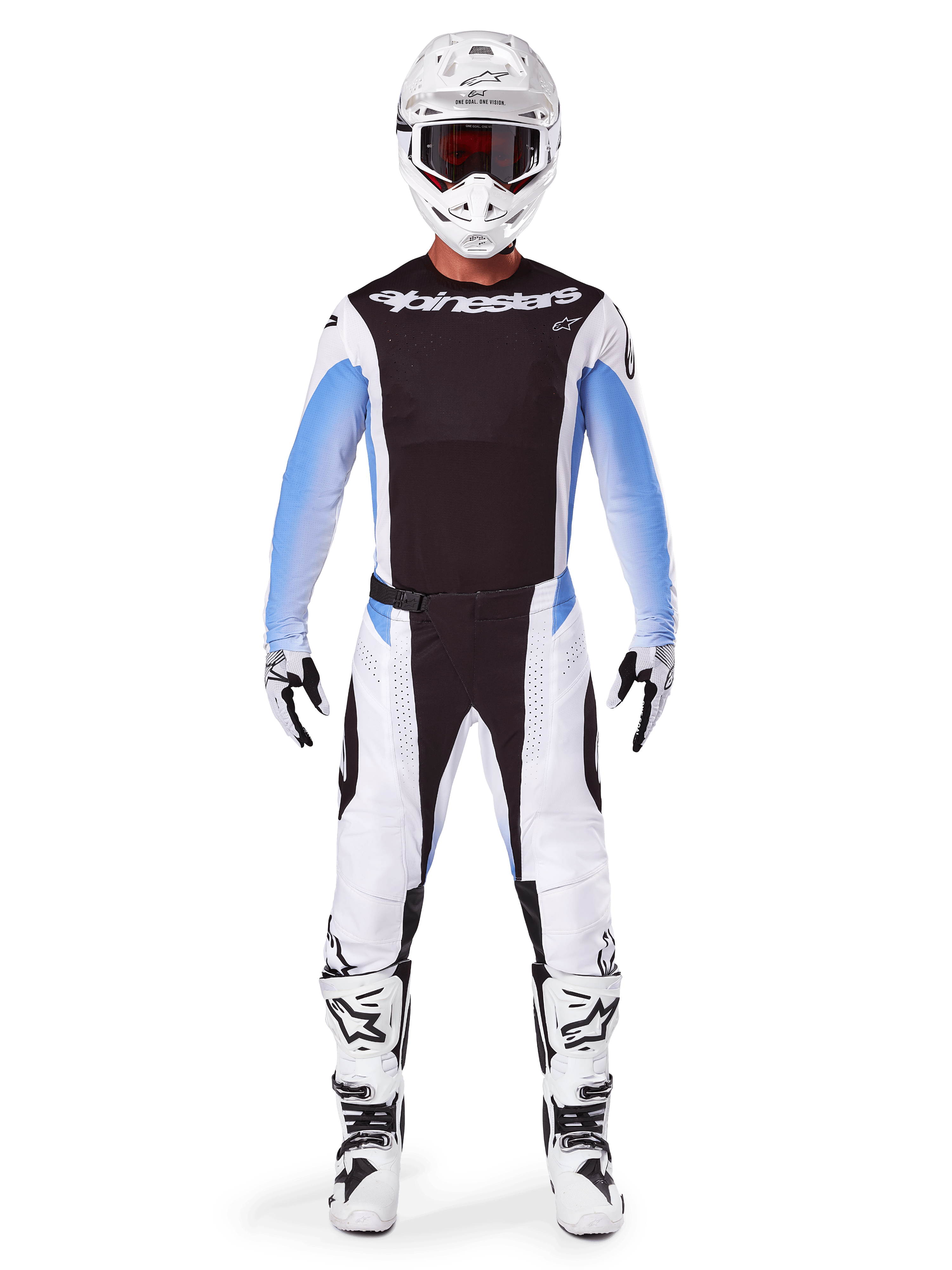 Motocross rider wearing complete Alpinestars 2025 Techstar Melt gear, black jersey with light blue gradient sleeves, white pants with black and blue accents, white helmet with black goggles, white and black boots and gloves, coordinated MX gear set for off-road racing