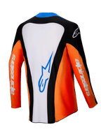 Alpinestars 2025 Techstar Melt Jersey, Motocross Jersey, Back View, Orange White and Black with Blue accents, white central panel featuring blue logo, orange sleeves with white branding, high-performance off-road racing gear