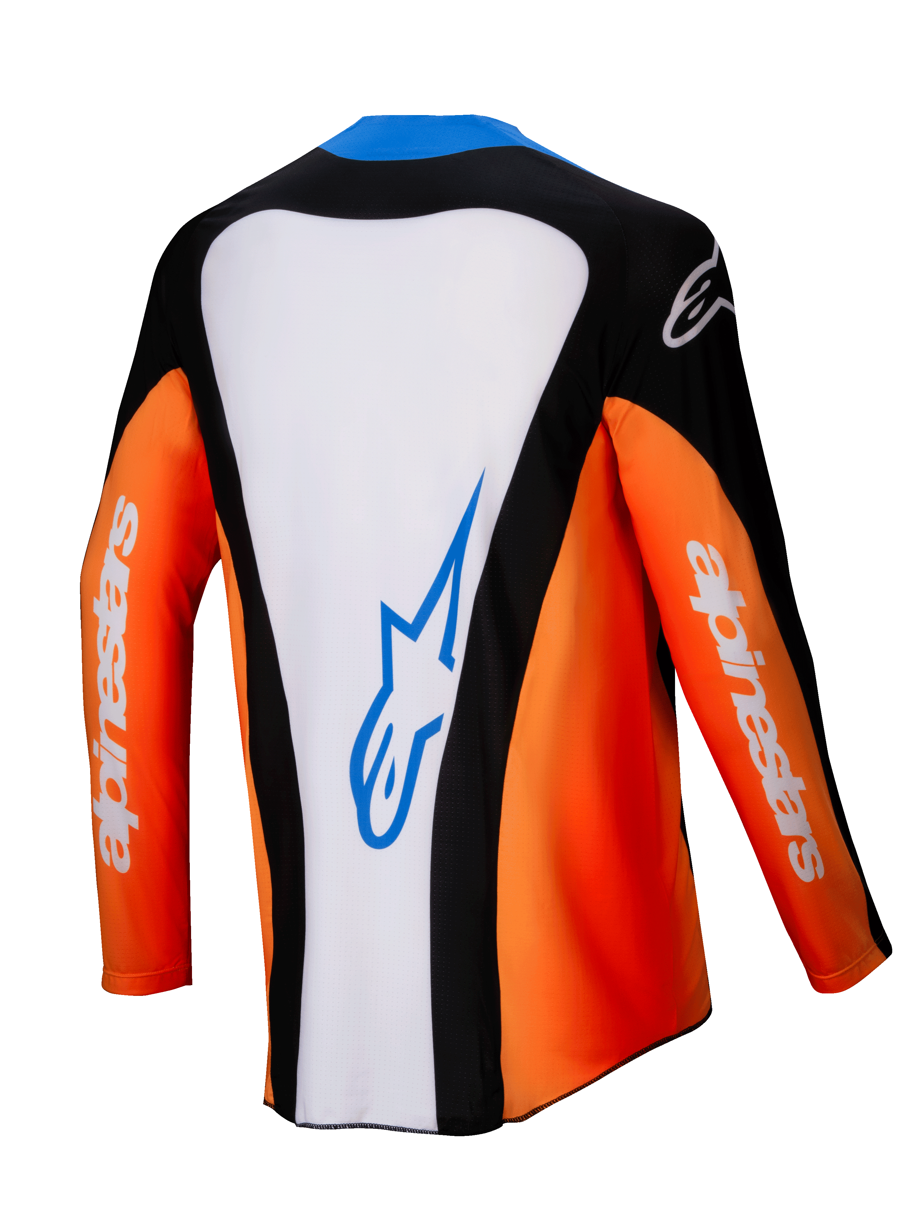 Alpinestars 2025 Techstar Melt Jersey, Motocross Jersey, Back View, Orange White and Black with Blue accents, white central panel featuring blue logo, orange sleeves with white branding, high-performance off-road racing gear
