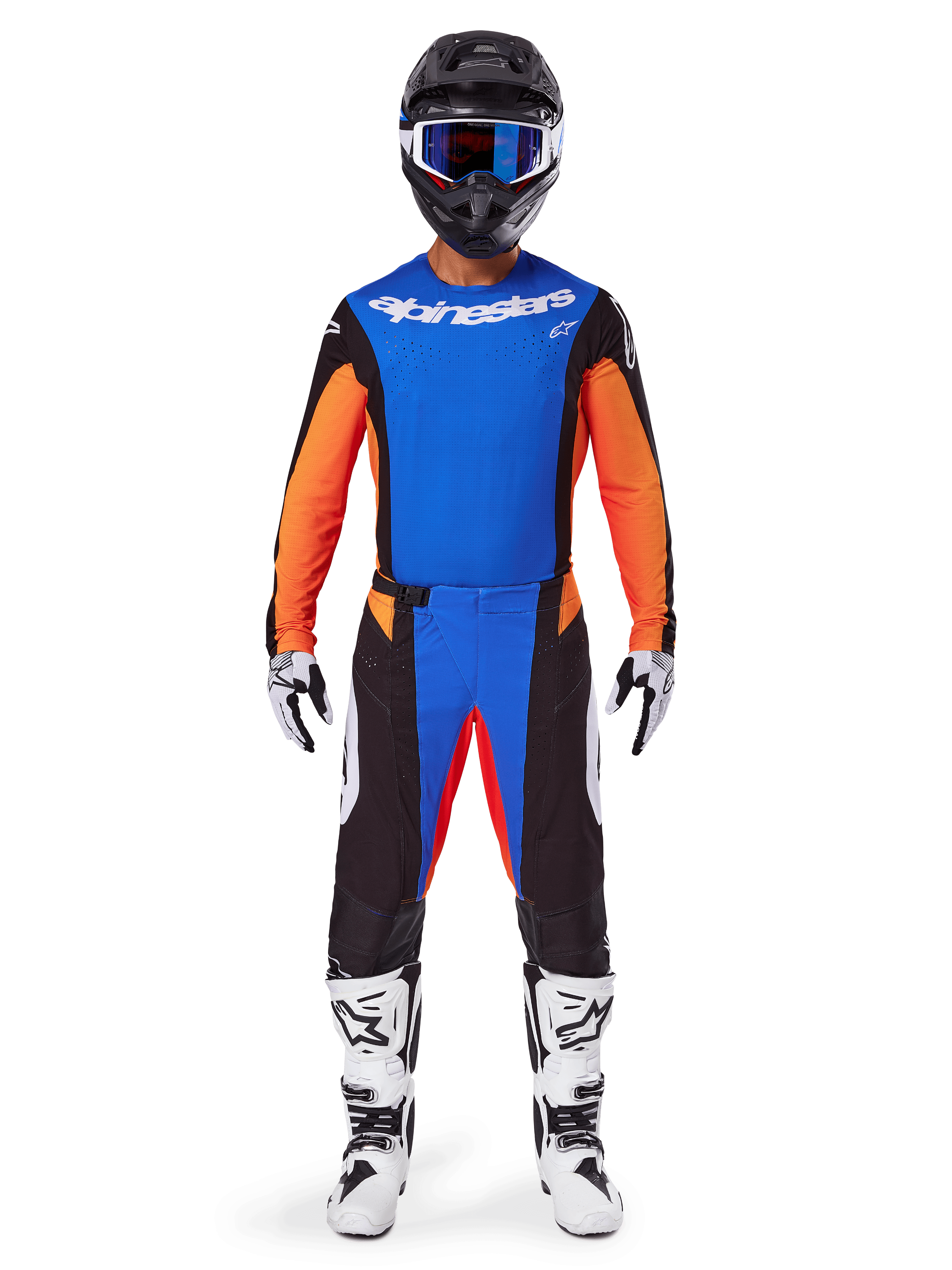 Alpinestars 2025 Techstar Melt Gear Set, Motocross rider wearing orange and blue jersey with black accents, matching pants, black helmet with blue goggles, white and black boots, coordinated outfit for professional off-road racing.