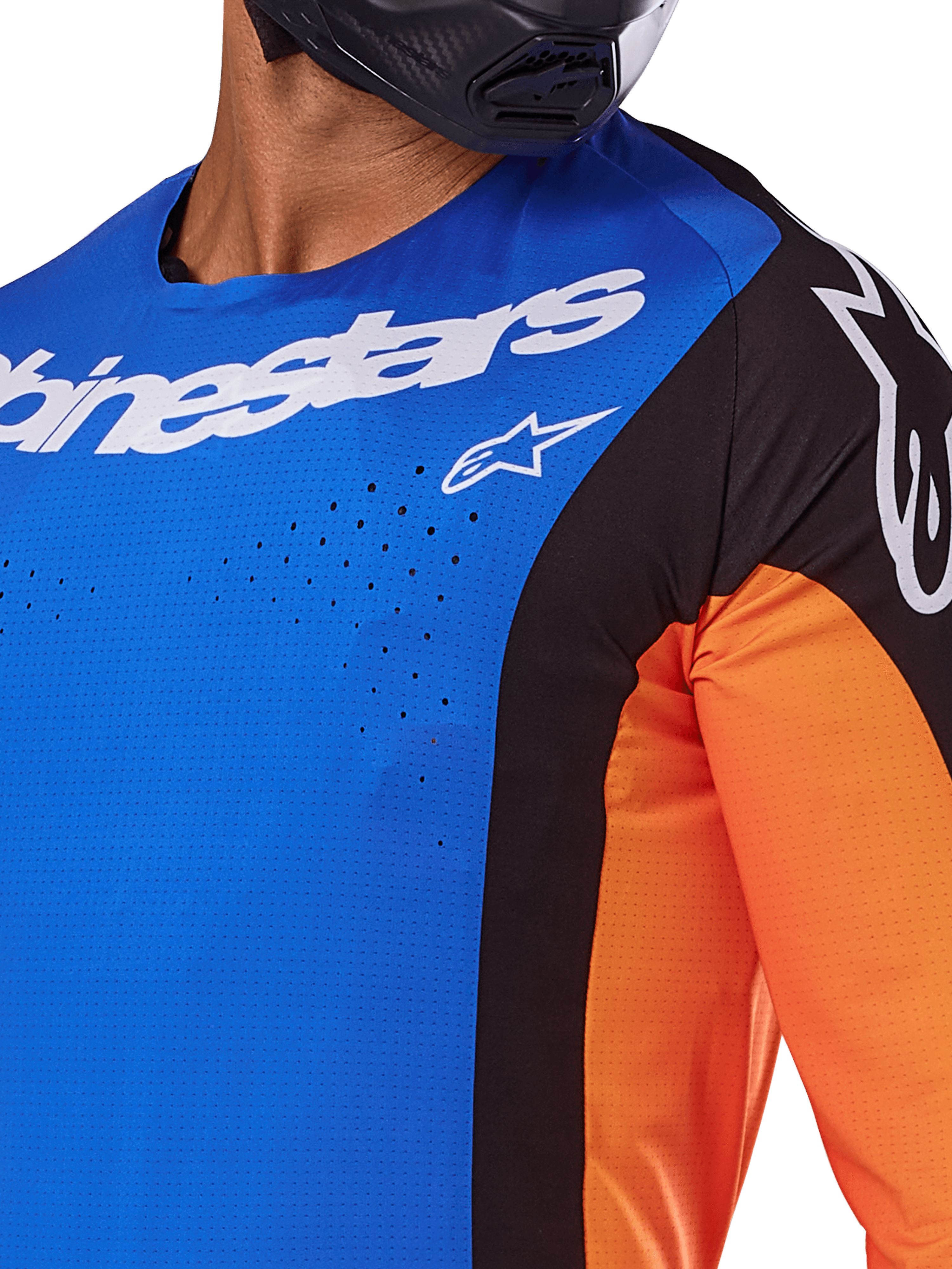 Alpinestars 2025 Techstar Melt Jersey, Motocross Jersey, Blue and Orange with black panels, featuring white Alpinestars branding and visible laser-cut perforations on the chest, worn by a rider in a black helmet