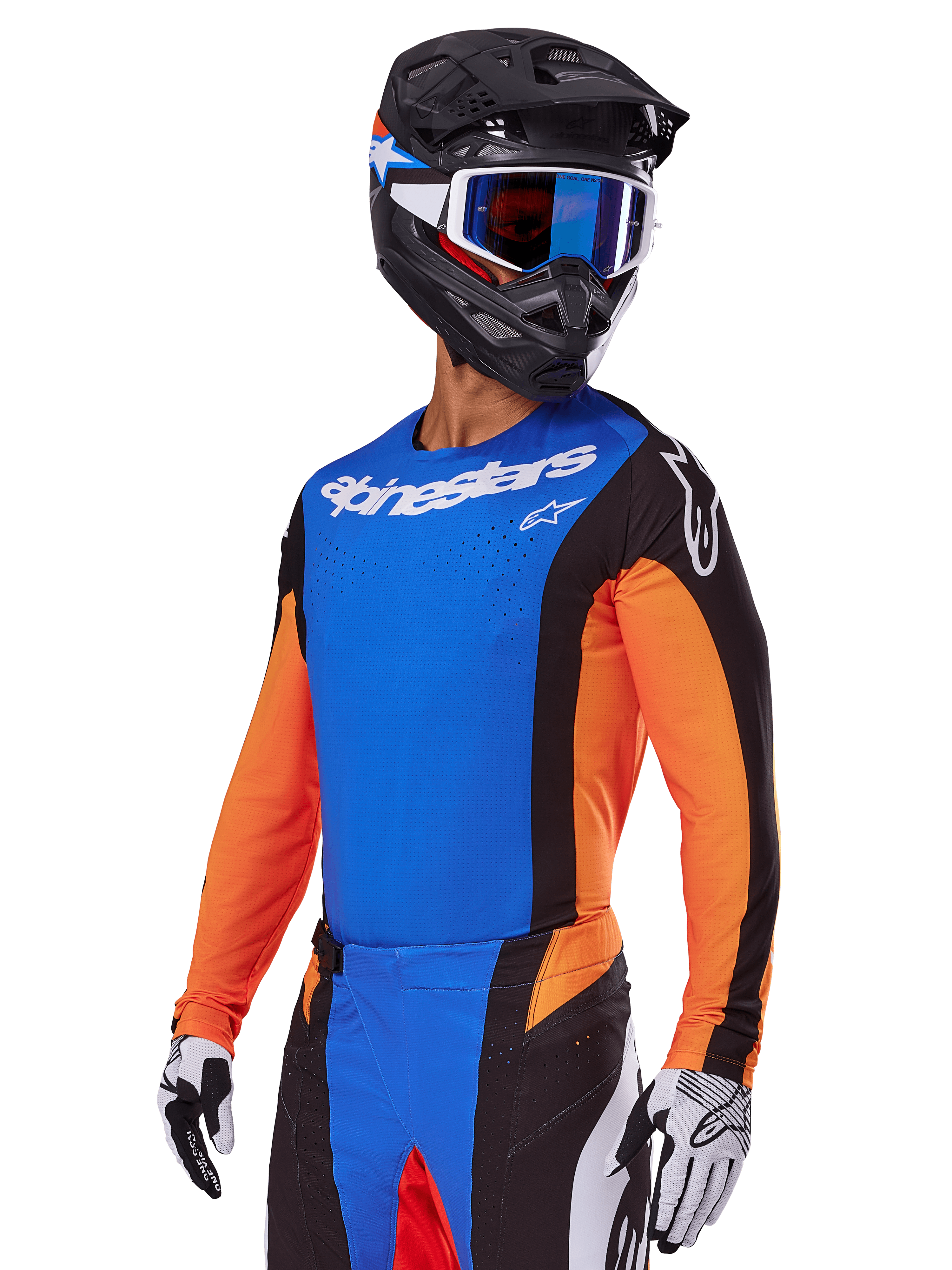 Alpinestars 2025 Techstar Melt Gear Set, Motocross rider wearing a blue jersey with orange sleeves and black side panels, matching blue and black pants, black helmet with blue goggles, white and black gloves, athletic race-fit motocross apparel