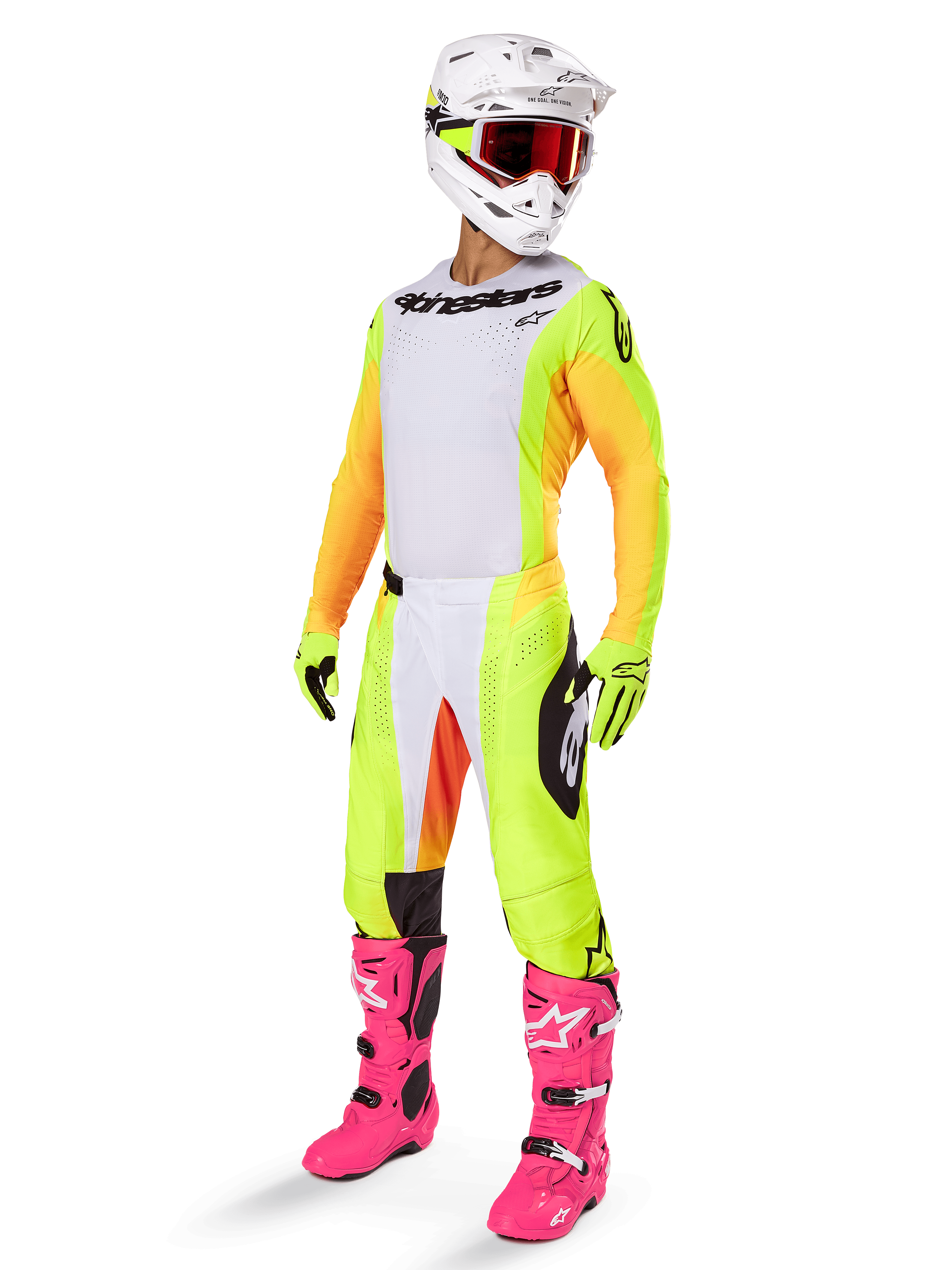 Motocross rider wearing complete racing gear featuring the Alpinestars 2025 Techstar Melt Jersey, white front with yellow side panels and orange sleeves, matching yellow and white pants, white helmet with red goggles, and vibrant pink boots, professional off-road racing kit.