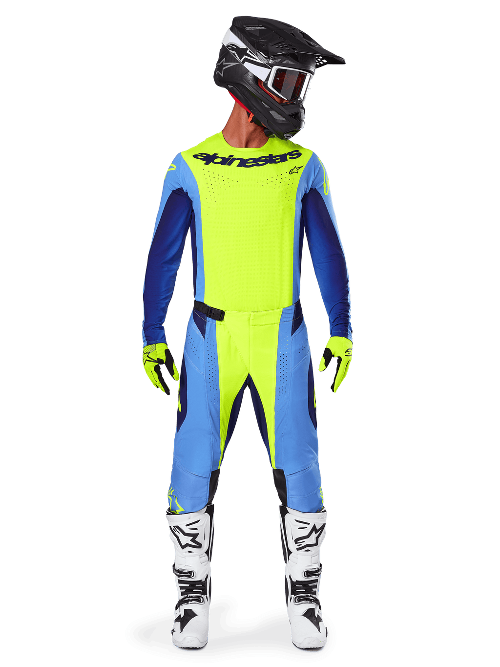 Motocross rider wearing complete racing gear, Alpinestars 2025 Techstar Melt Jersey in Yellow Fluo and Blue, matching yellow and blue motocross pants, black helmet with white graphics and goggles, white and black boots, yellow and black gloves, coordinated performance outfit for off-road racing