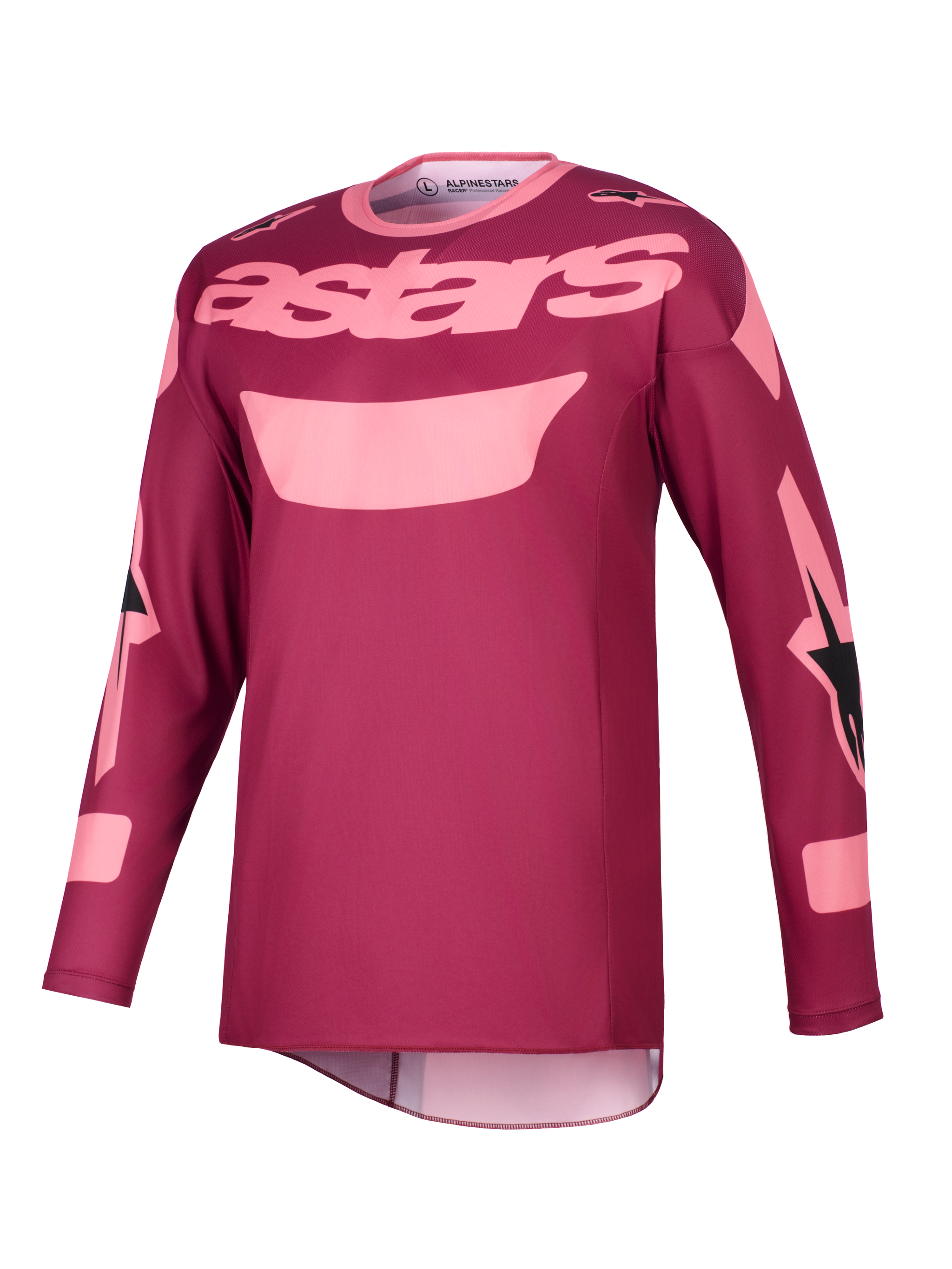 Alpinestars 2026 Racer Riway Jersey, Motocross Jersey, Dark Red Coral, featuring light pink "astars" text on the chest and graphic accents on the sleeves, long sleeve technical riding gear for off-road performance