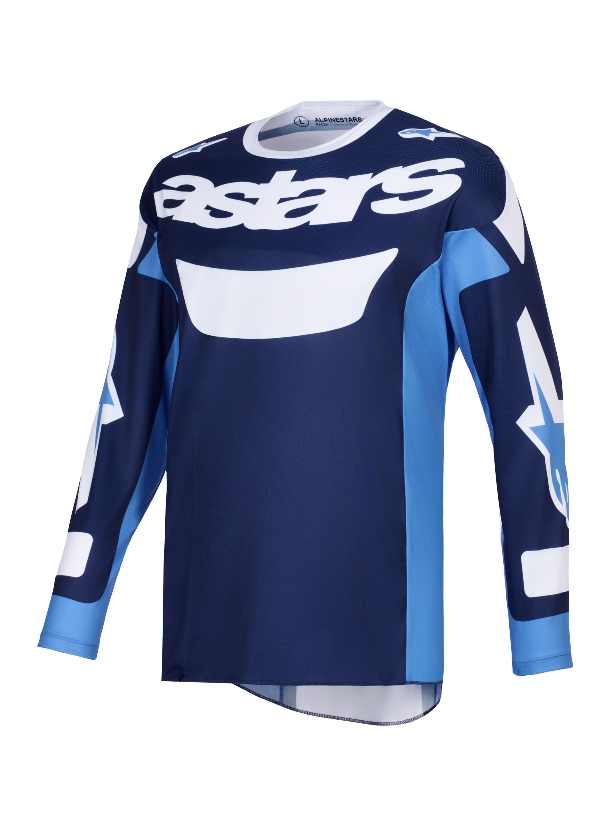 Alpinestars 2026 Racer Riway Jersey, Motocross Jersey, Ucla Blue and White, featuring bold white 'astars' logo on the chest, long sleeve design with logos on sleeves, lightweight polyfabric and moisture-wicking construction for off-road riding