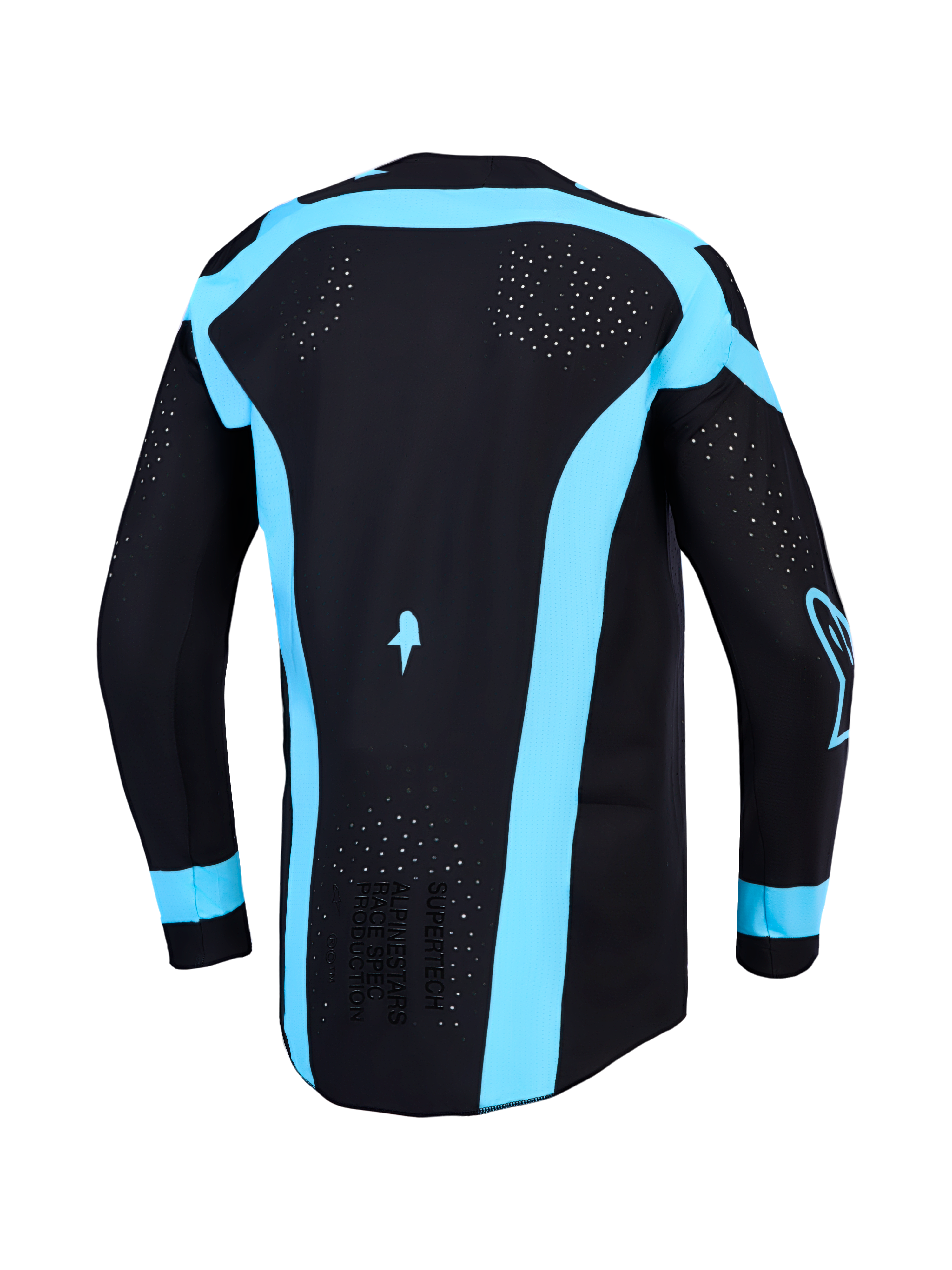 Alpinestars Supertech Vesta Jersey, black and turquoise men's motocross top featuring laser-cut back ventilation.