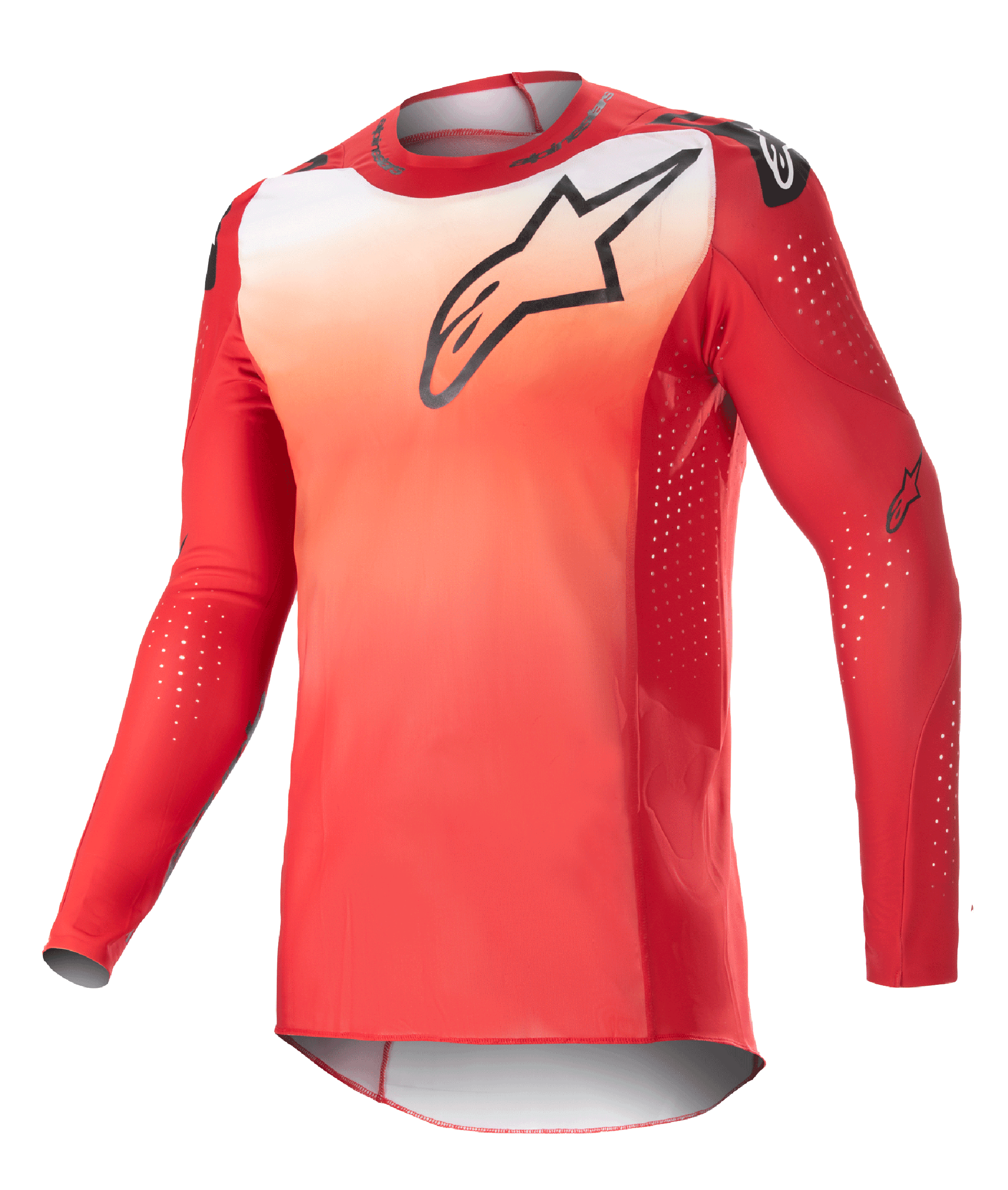 Alpinestars 2023 Supertech Risen Jersey, Long-Sleeve Motocross Jersey, Mars Red and White gradient, black Astars logo on chest, perforated sleeves with white ventilation dots, athletic race fit for off-road performance
