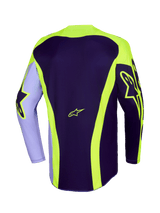 Alpinestars 2026 Racer Portl Jersey, Motocross Jersey, Purple and Yellow Fluo, back view featuring neon yellow Astar logos on sleeves and back, curved stripes, and a longer rear hem for off-road racing.