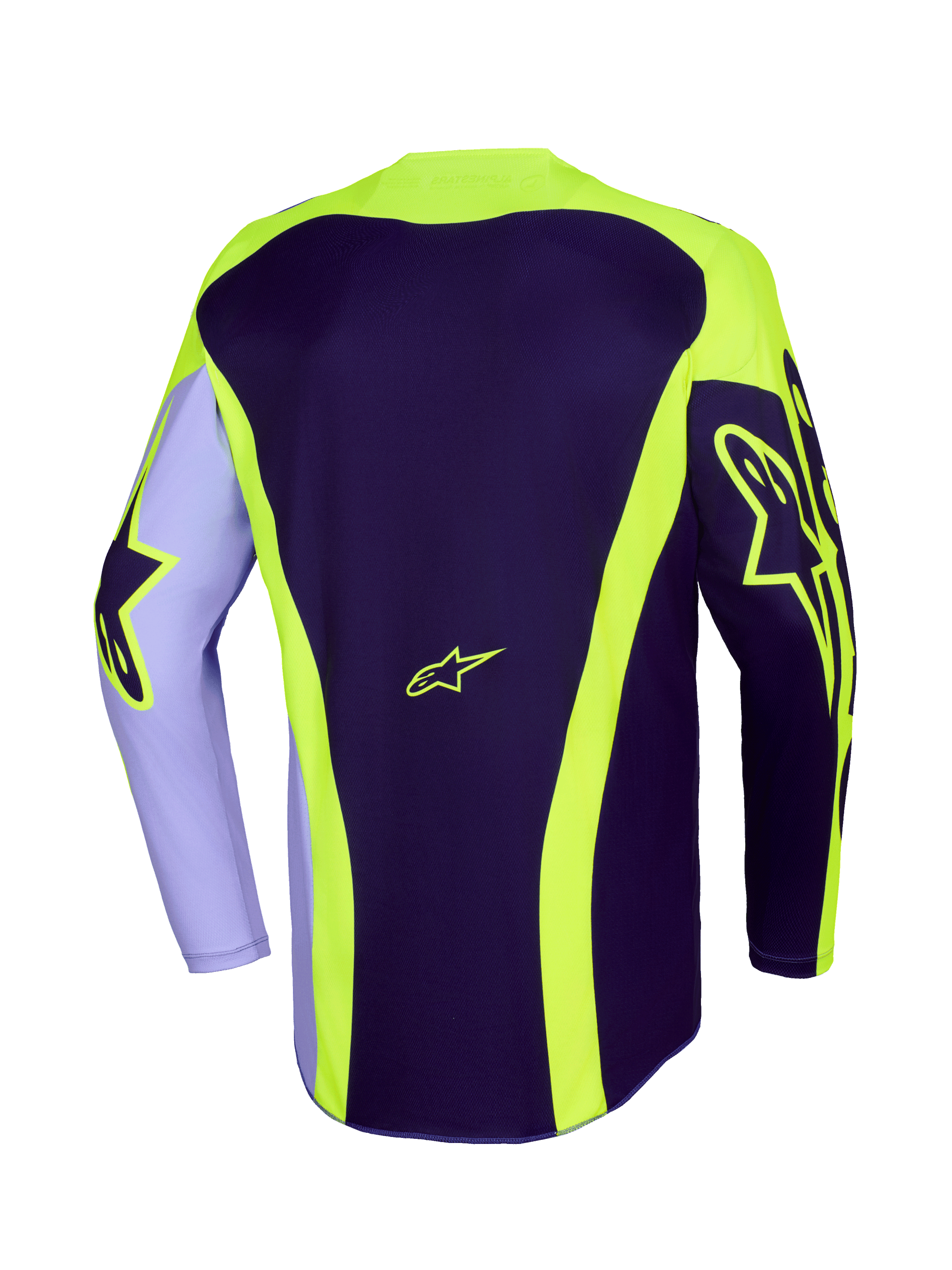 Alpinestars 2026 Racer Portl Jersey, Motocross Jersey, Purple and Yellow Fluo, back view featuring neon yellow Astar logos on sleeves and back, curved stripes, and a longer rear hem for off-road racing.
