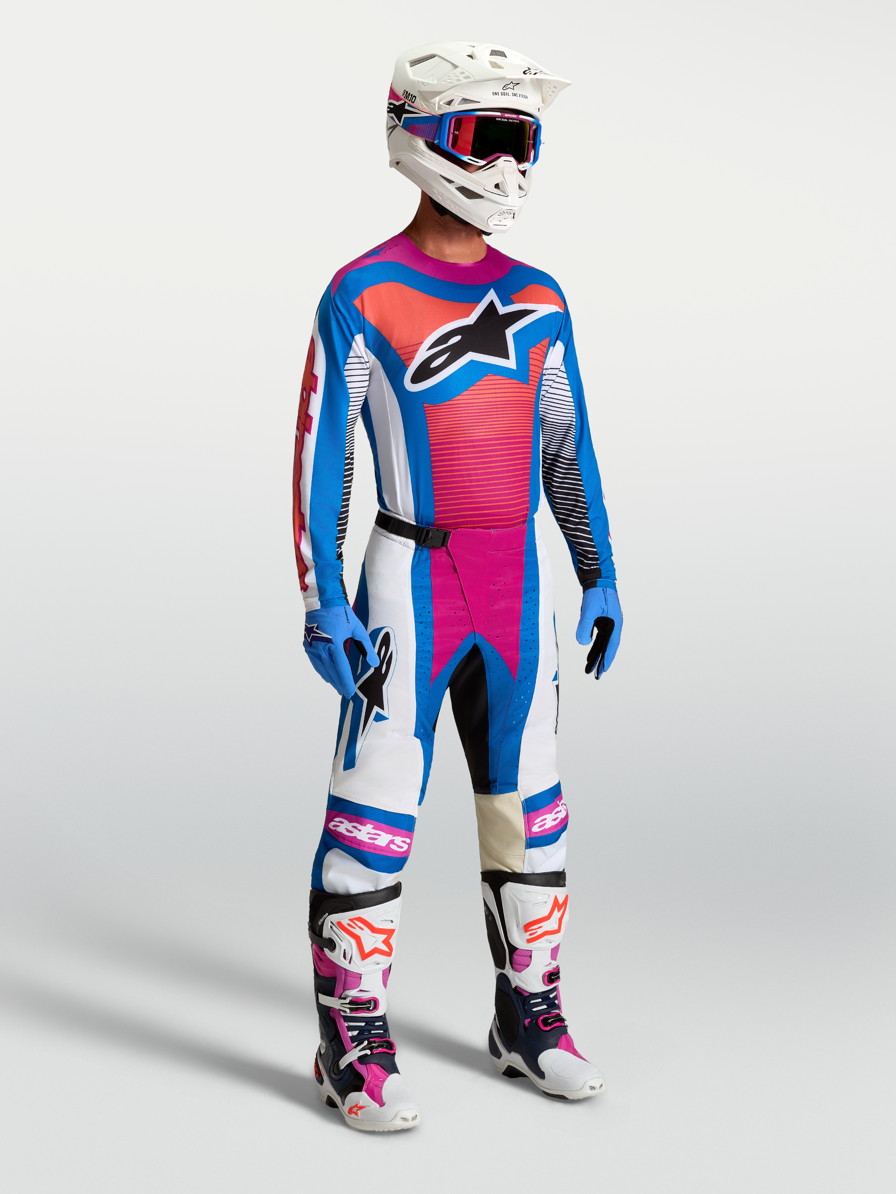 Alpinestars Techstar Maven Jersey AND Techstar Maven Gear Set, Men's Motocross Outfit, Blue and Hot Coral, athletic fit.