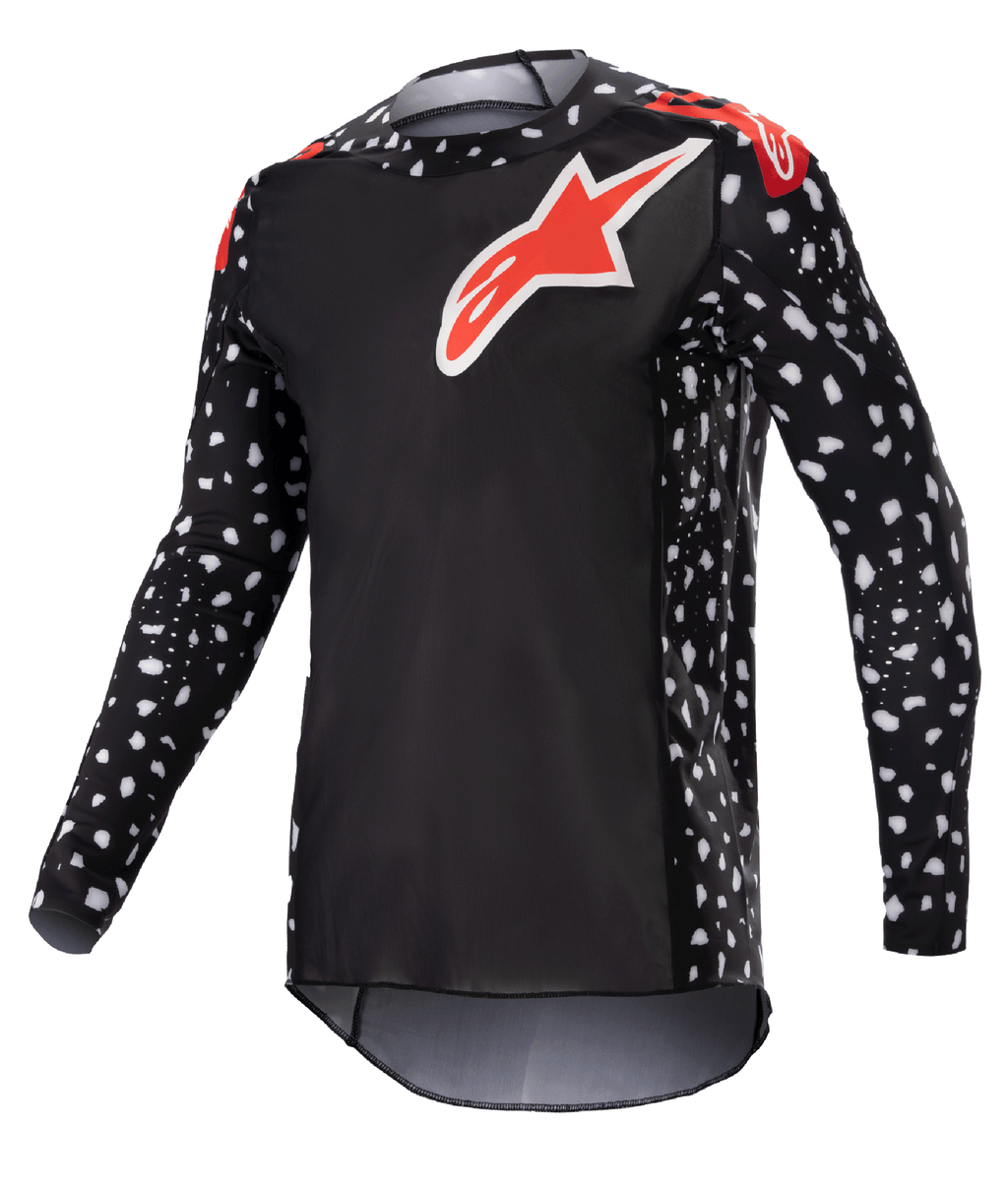 Alpinestars 2023 Supertech North Jersey, Motocross Jersey, Black and Neon Red, long sleeves with white speckle pattern, red and white star logos on chest and shoulders, lightweight performance mesh with athletic race fit