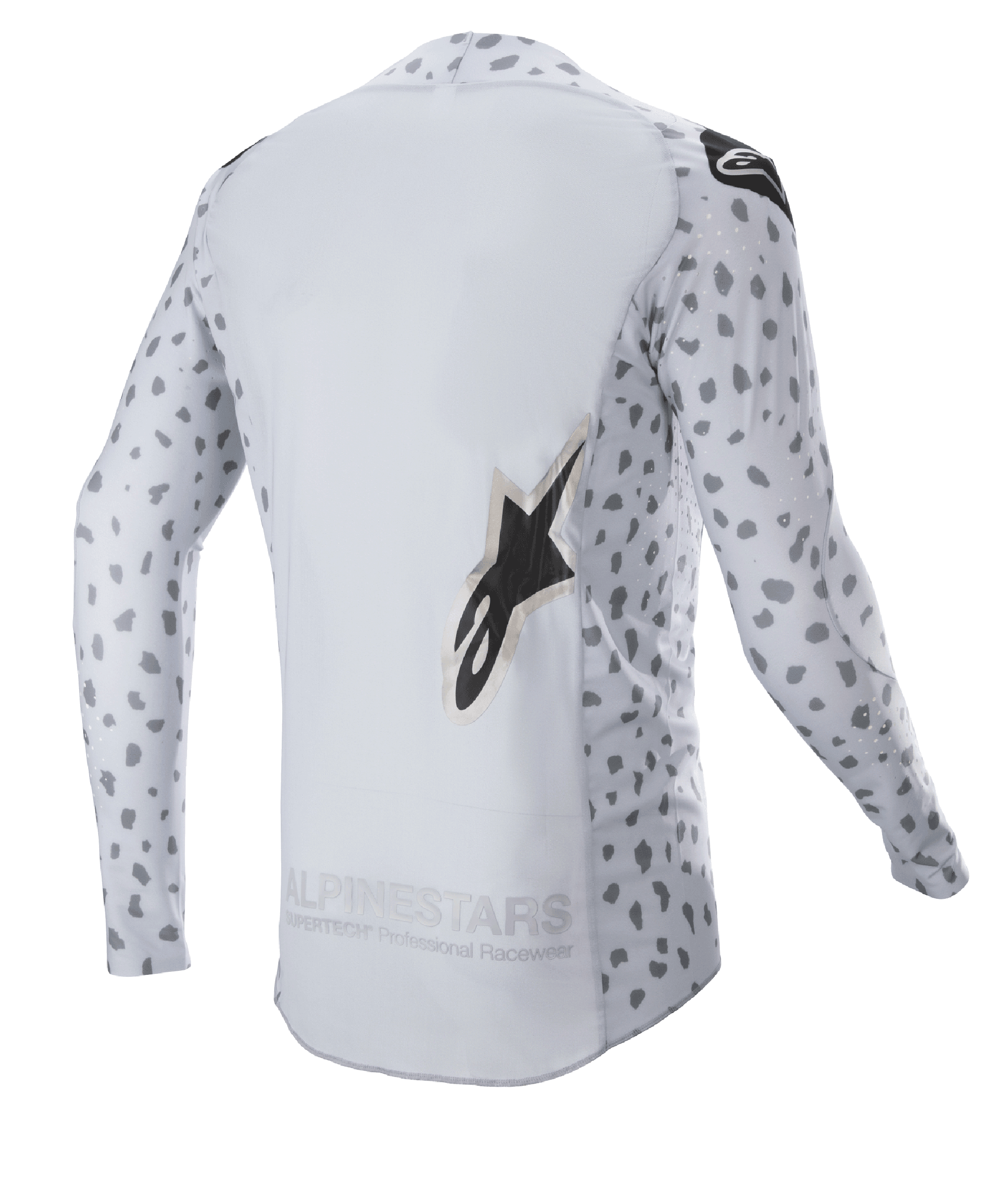 Alpinestars 2023 Supertech North Jersey, Motocross Jersey, Haze Gray and Black, back view featuring an abstract spotted pattern on sleeves and sides, large star logo, extended back panel, and breathable performance construction