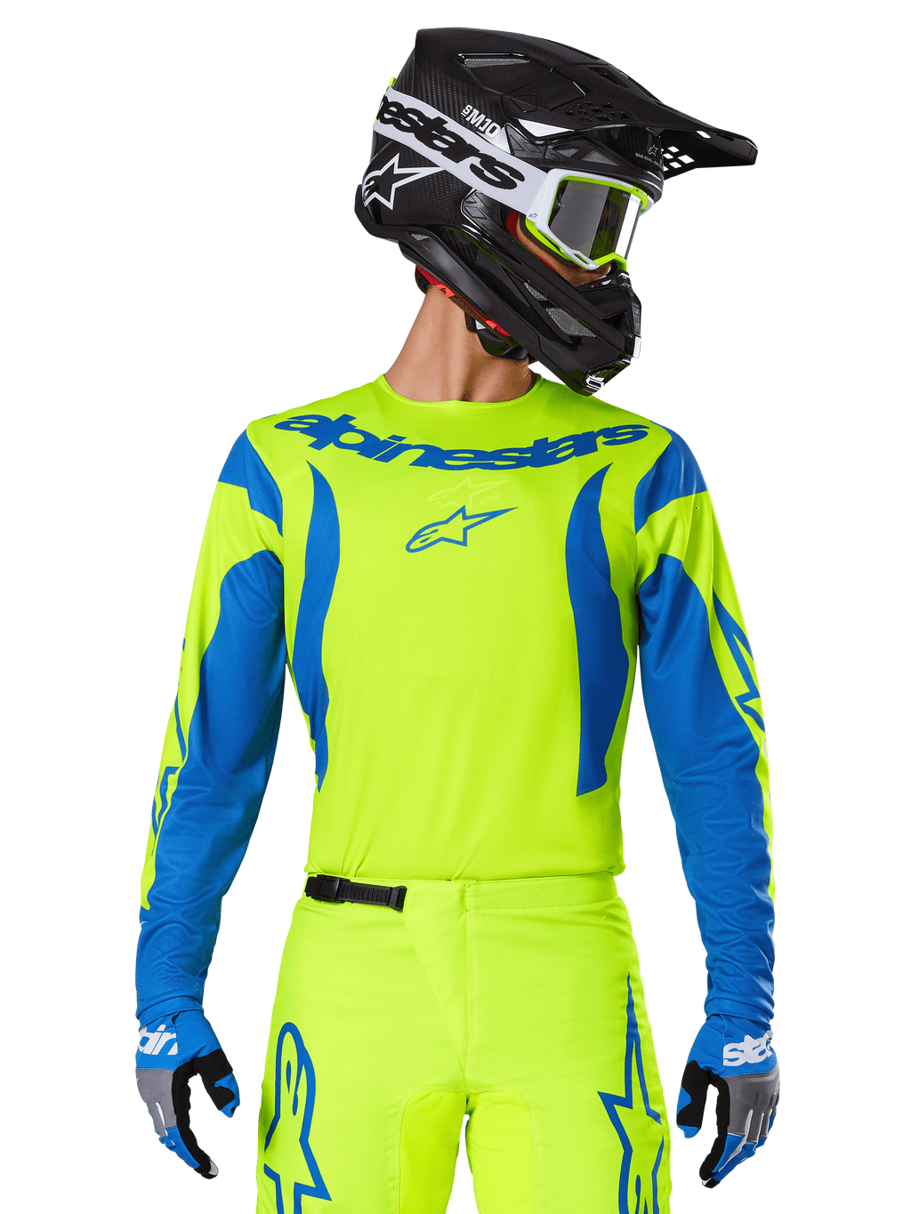 Alpinestars 2025 Fluid Haul Jersey, Motocross Jersey, Neon Yellow and Blue, featuring blue Alpinestars branding on the chest, worn with matching gear including a black helmet and blue gloves, athletic fit for off-road riding