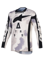 Alpinestars 2026 Racer Lahnd Jersey, Motocross Jersey, Sand Camo gray and white, featuring a large black A-star logo and stylized lettering on the chest, black crew neck and side panels, long sleeves with white branding, professional off-road racing apparel.