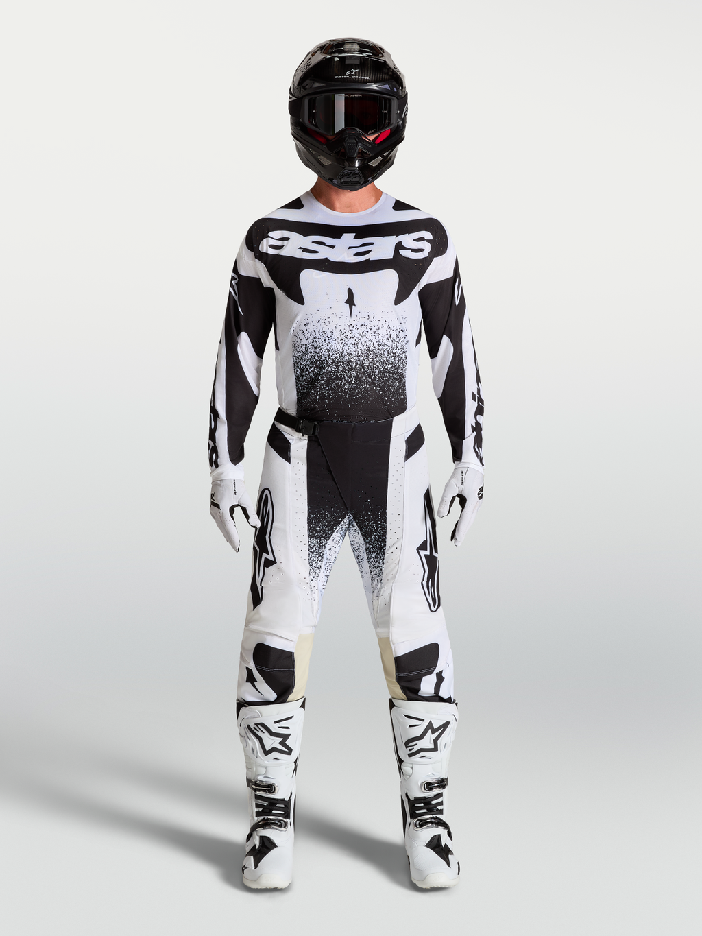 Alpinestars Techstar Swan Jersey AND Techstar Swan Gear Set, Men's Motocross outfit, Black and White with stippled graphics.