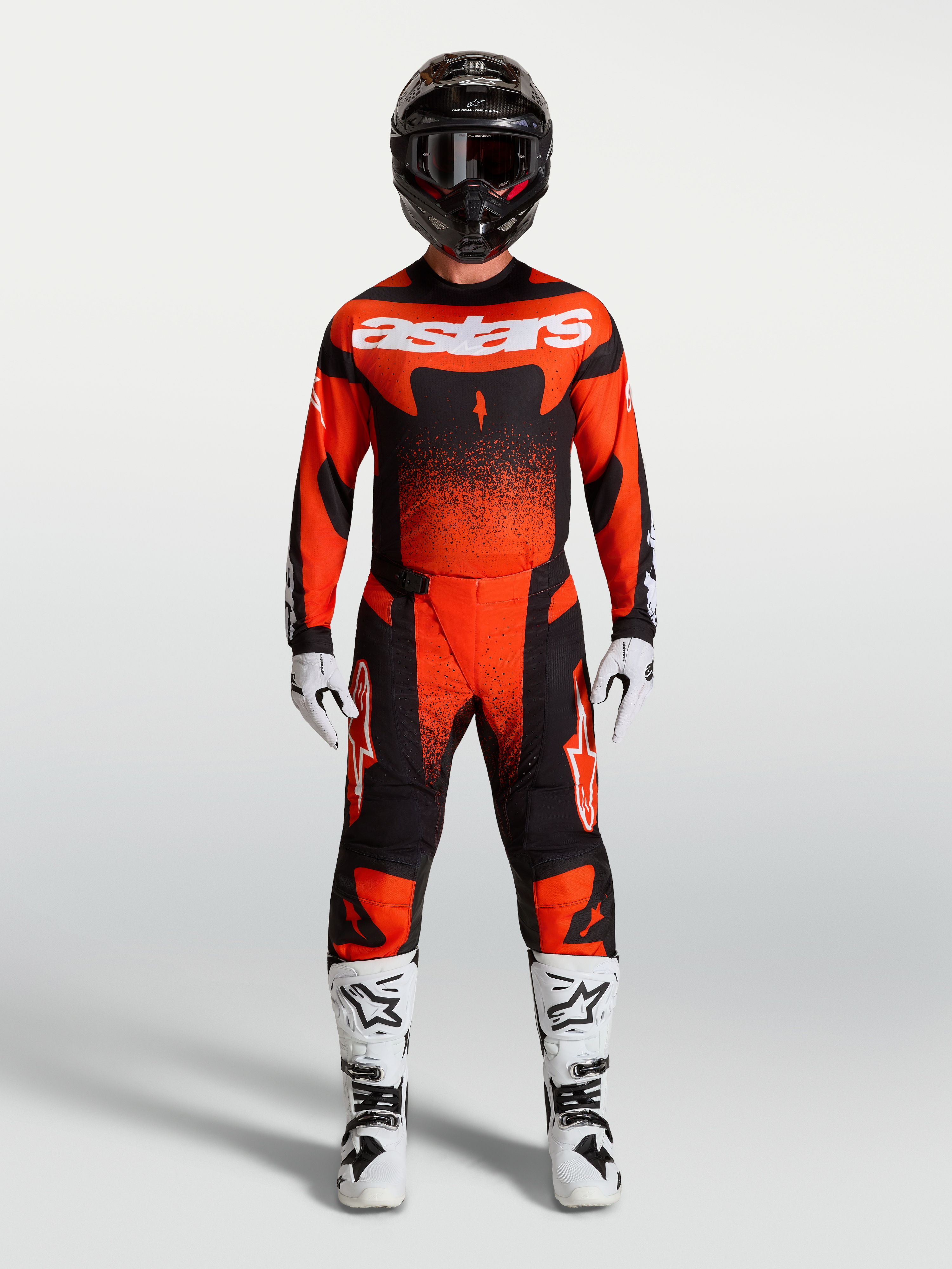 Alpinestars Techstar Swan Jersey and Gear Set, Men's Cardinal Red and Black motocross outfit with white performance boots.