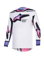 Alpinestars 2026 Supertech AFD Vista Jersey, Motocross Jersey, White with Pink and Purple gradient star logos, black accents and text branding, athletic fit with laser-cut ventilation holes, professional off-road racing gear