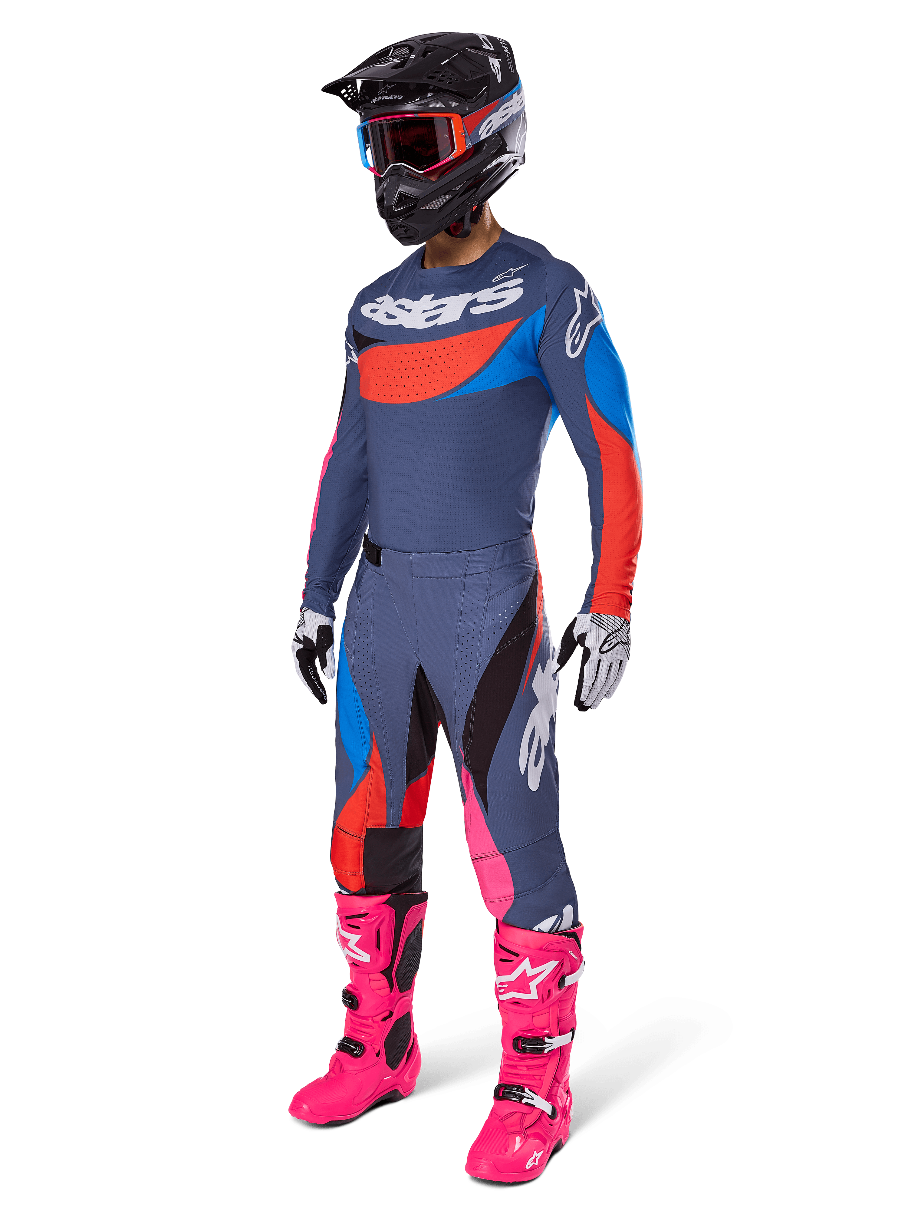 Alpinestars 2025 Techstar Dreem Motocross Gear Set, complete off-road racing outfit featuring a gray and blue jersey with red accents, matching pants with pink highlights, black helmet, bright pink boots, and white and black gloves