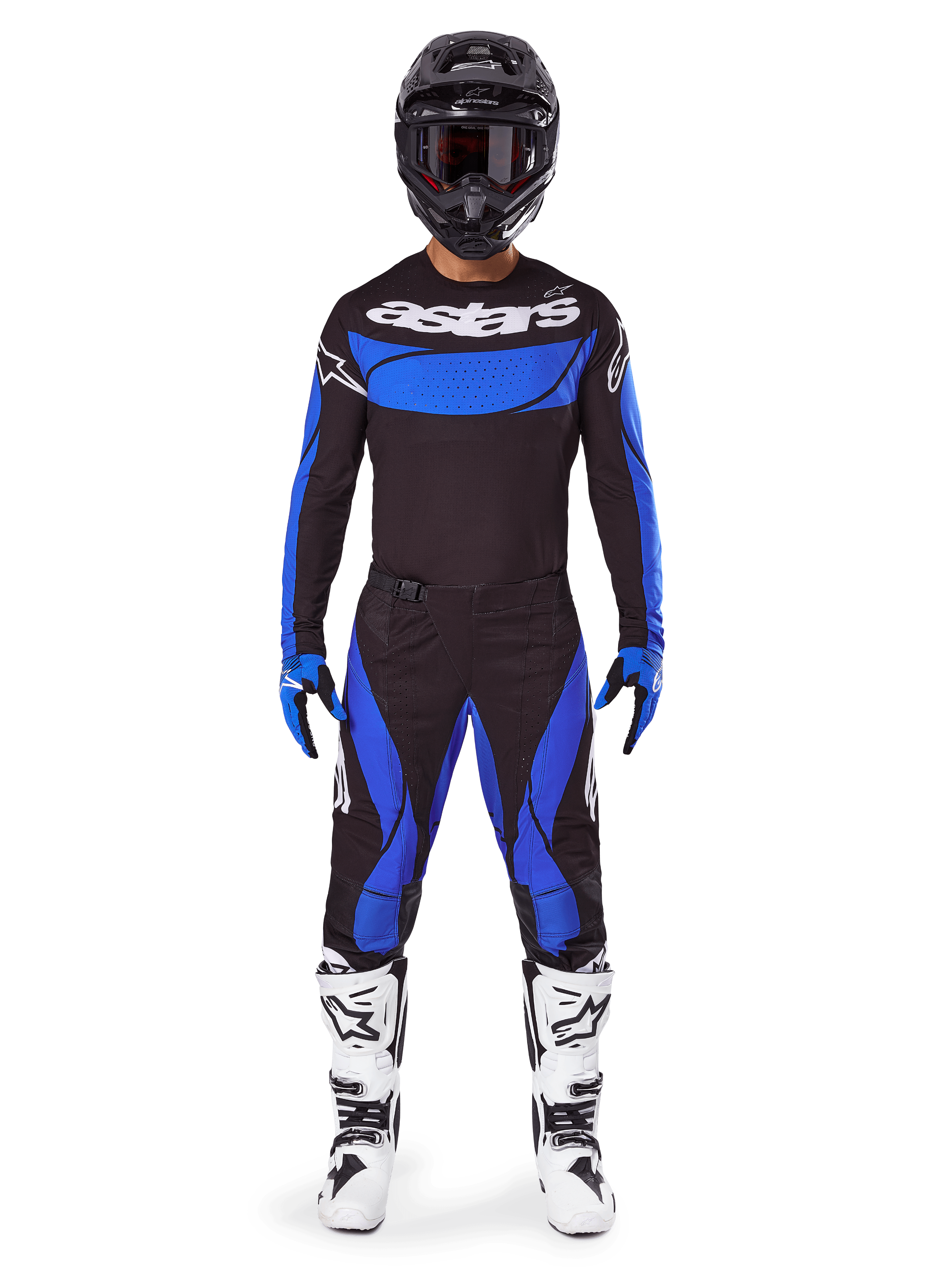 Alpinestars 2025 Techstar Dreem Gear Set, men's motocross racing outfit in black and blue textile with white boots.