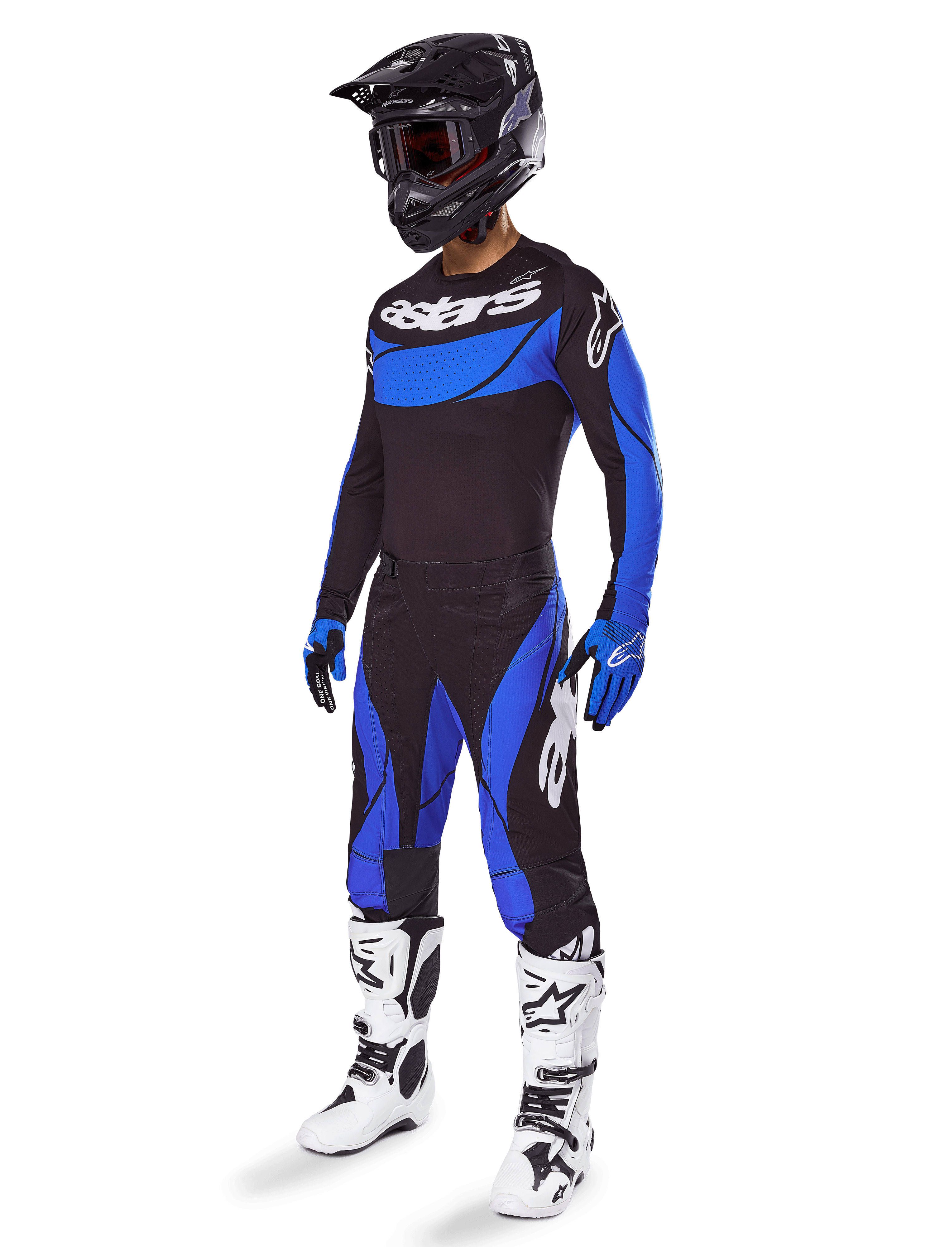 Alpinestars 2025 Techstar Dreem Gear Set and Jersey, Men's Motocross Outfit, Black and Blue, ventilated off-road racing gear.
