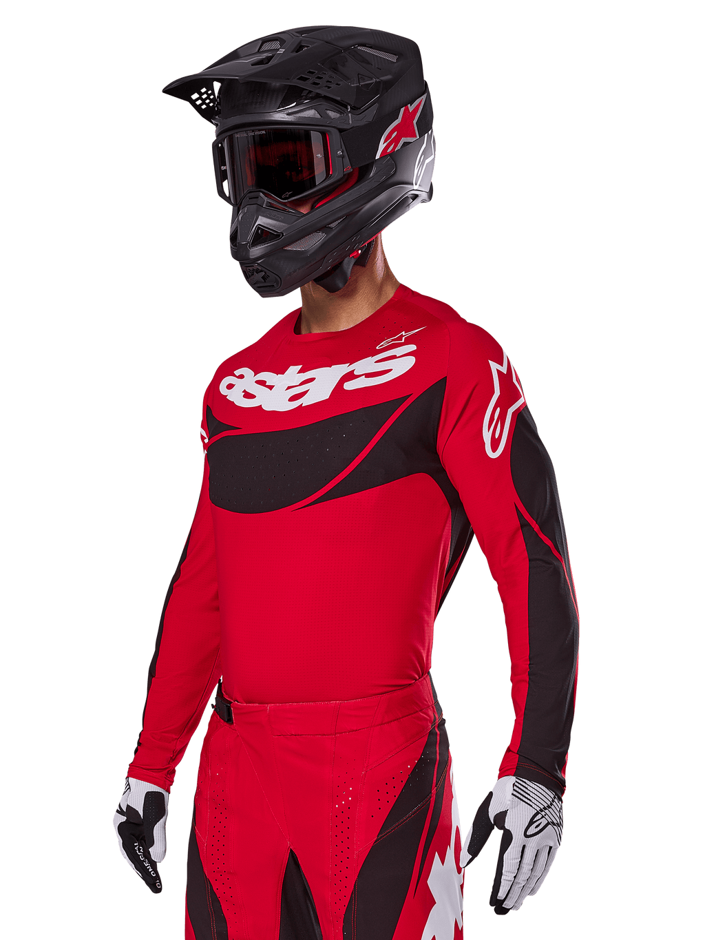 Alpinestars 2025 Techstar Dreem Gear Set, Red Motocross Jersey and Pants with black and white accents, worn with a black helmet and goggles, white and black gloves, featuring bold 'astars' branding, designed for performance off-road racing