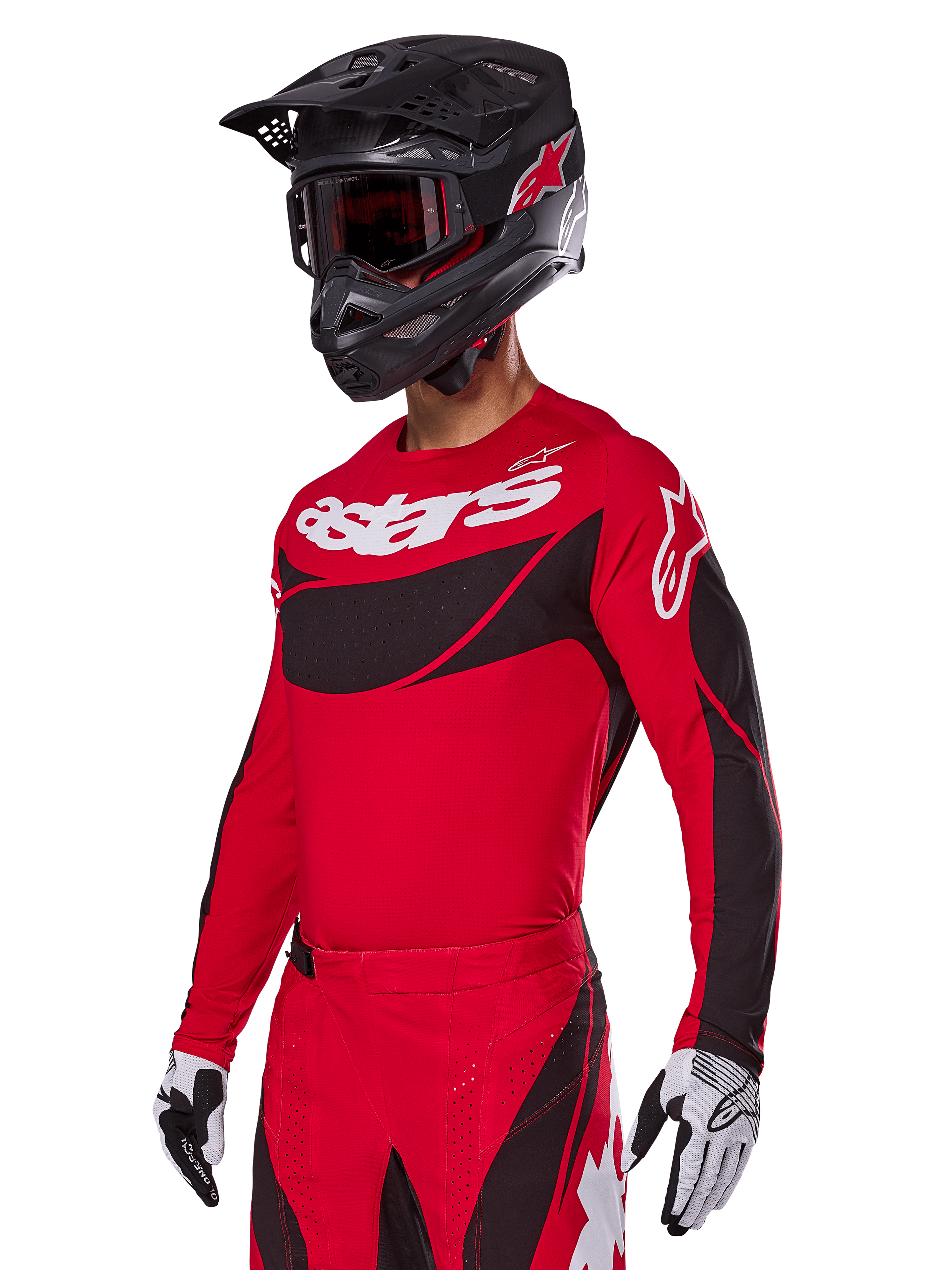 Alpinestars 2025 Techstar Dreem Gear Set, Red Motocross Jersey and Pants with black and white accents, worn with a black helmet and goggles, white and black gloves, featuring bold 'astars' branding, designed for performance off-road racing
