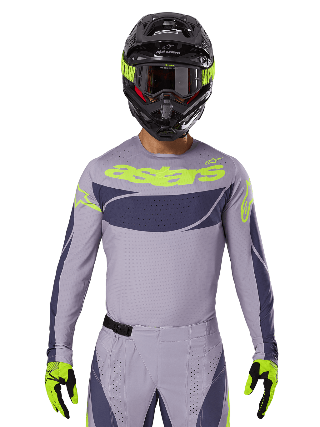 2025 Techstar Dreem Jersey and Gear Set, Motocross racing outfit, light gray and dark gray with neon yellow accents, features 'astars' branding, worn with black helmet, goggles, and matching gloves, technical perforated material for off-road performance