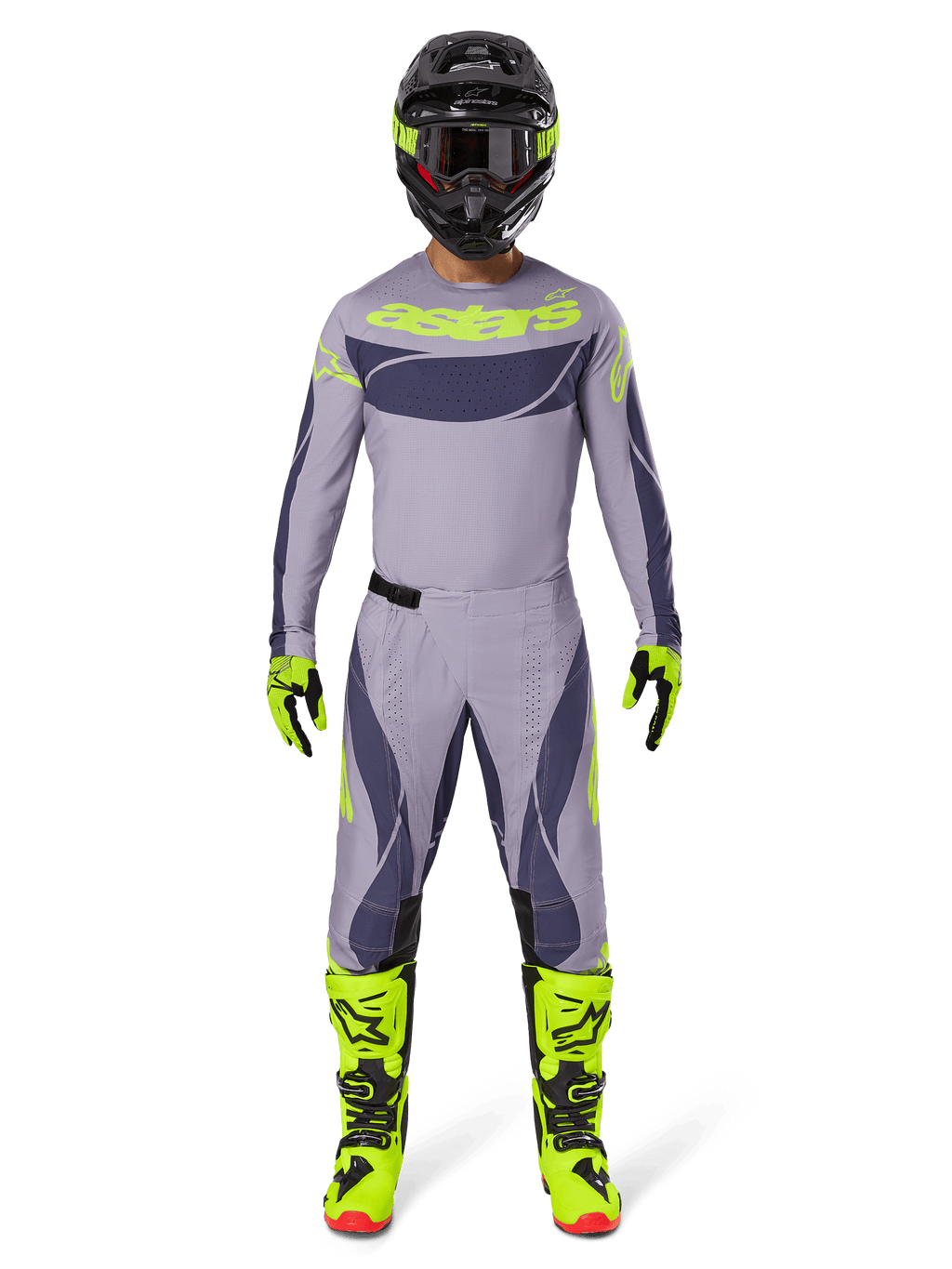 Motocross rider wearing the Alpinestars 2025 Techstar Dreem Gear Set in Gray and Dark Gray with bold neon yellow accents, complete with a matching jersey, pants, neon yellow boots, and a black helmet, designed for professional off-road racing.