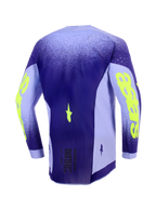 Alpinestars 2026 Supertech Scenz Jersey, Motocross Jersey, Purple and Yellow Fluo, back view showing the extended rear profile, lightweight stretch mesh side panels with laser-cut perforations, and bold neon yellow branding on the sleeves.