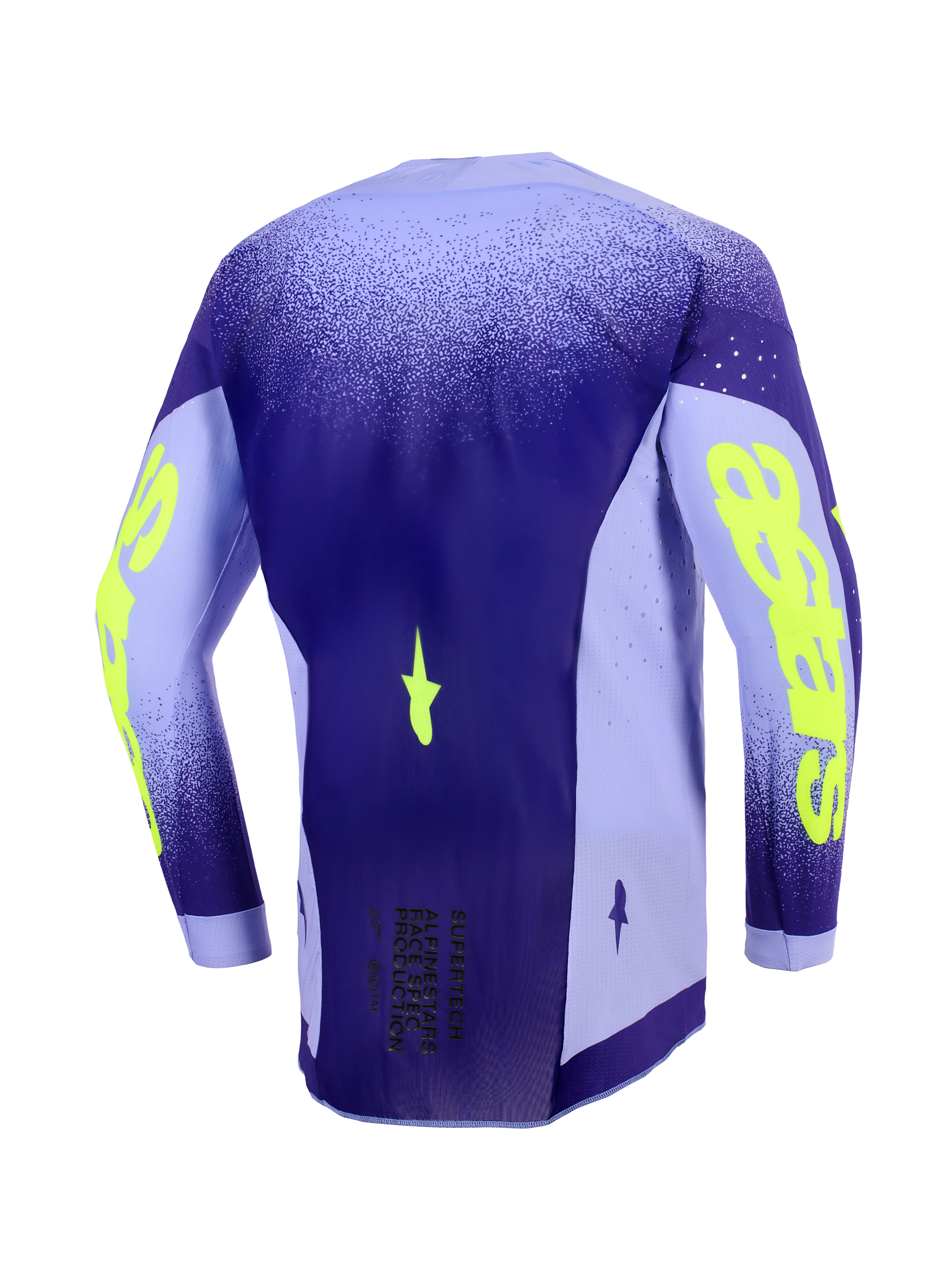 Alpinestars 2026 Supertech Scenz Jersey, Motocross Jersey, Purple and Yellow Fluo, back view showing the extended rear profile, lightweight stretch mesh side panels with laser-cut perforations, and bold neon yellow branding on the sleeves.