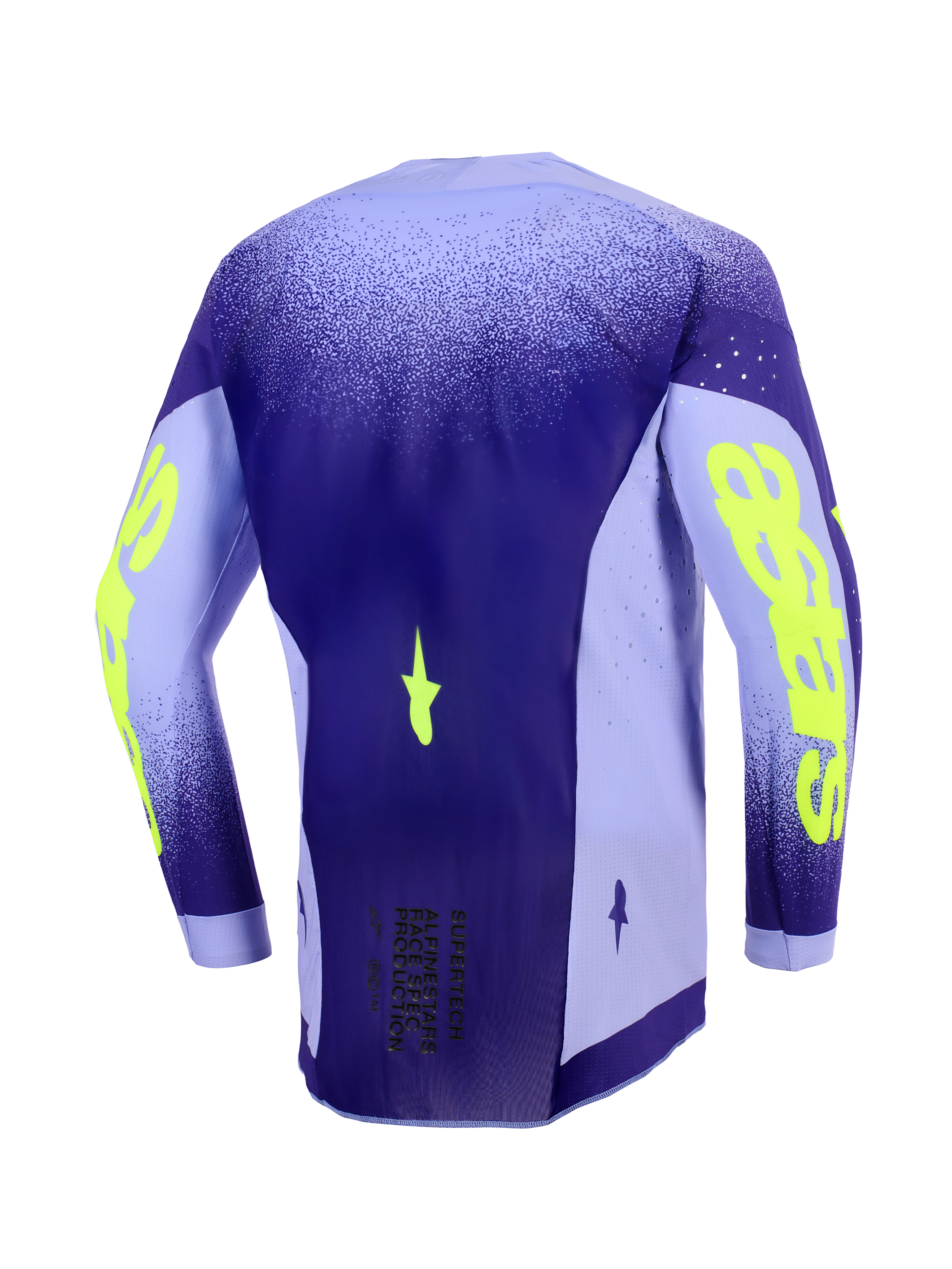 Alpinestars 2026 Supertech Scenz Jersey, Motocross Jersey, Purple and Yellow Fluo, back view showing the extended rear profile, lightweight stretch mesh side panels with laser-cut perforations, and bold neon yellow branding on the sleeves.