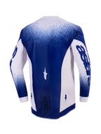 Alpinestars 2026 Supertech Scenz Jersey, Rear View, Light Gray and Dark Blue, professional motocross jersey with laser-cut perforations on side panels, dark blue center panel with 'Race Spec' text at the bottom, athletic racing fit