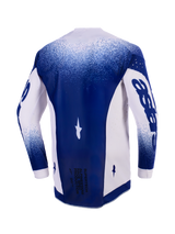 Alpinestars 2026 Supertech Scenz Jersey, Rear View, Light Gray and Dark Blue, professional motocross jersey with laser-cut perforations on side panels, dark blue center panel with 'Race Spec' text at the bottom, athletic racing fit