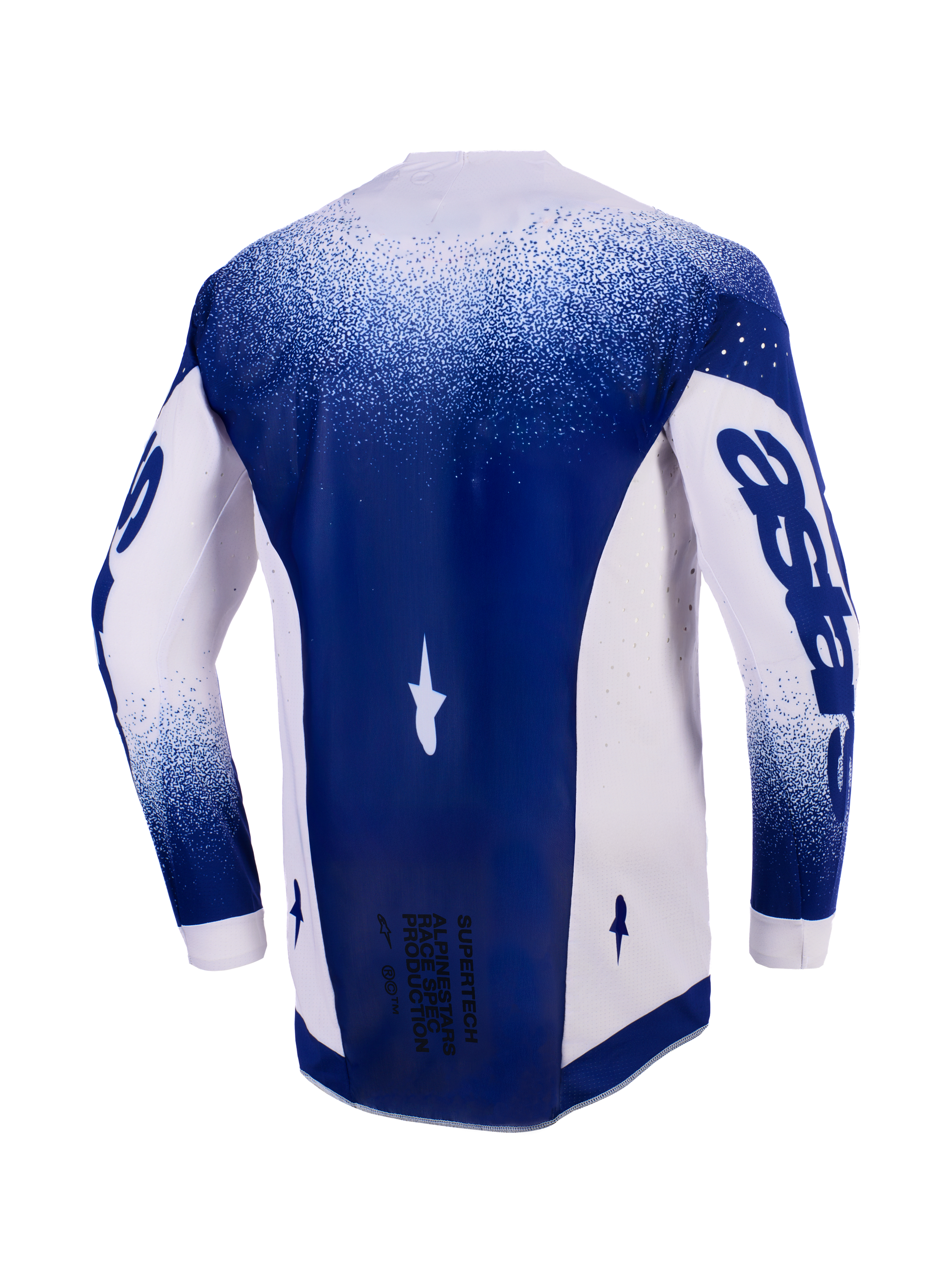 Alpinestars 2026 Supertech Scenz Jersey, Rear View, Light Gray and Dark Blue, professional motocross jersey with laser-cut perforations on side panels, dark blue center panel with 'Race Spec' text at the bottom, athletic racing fit