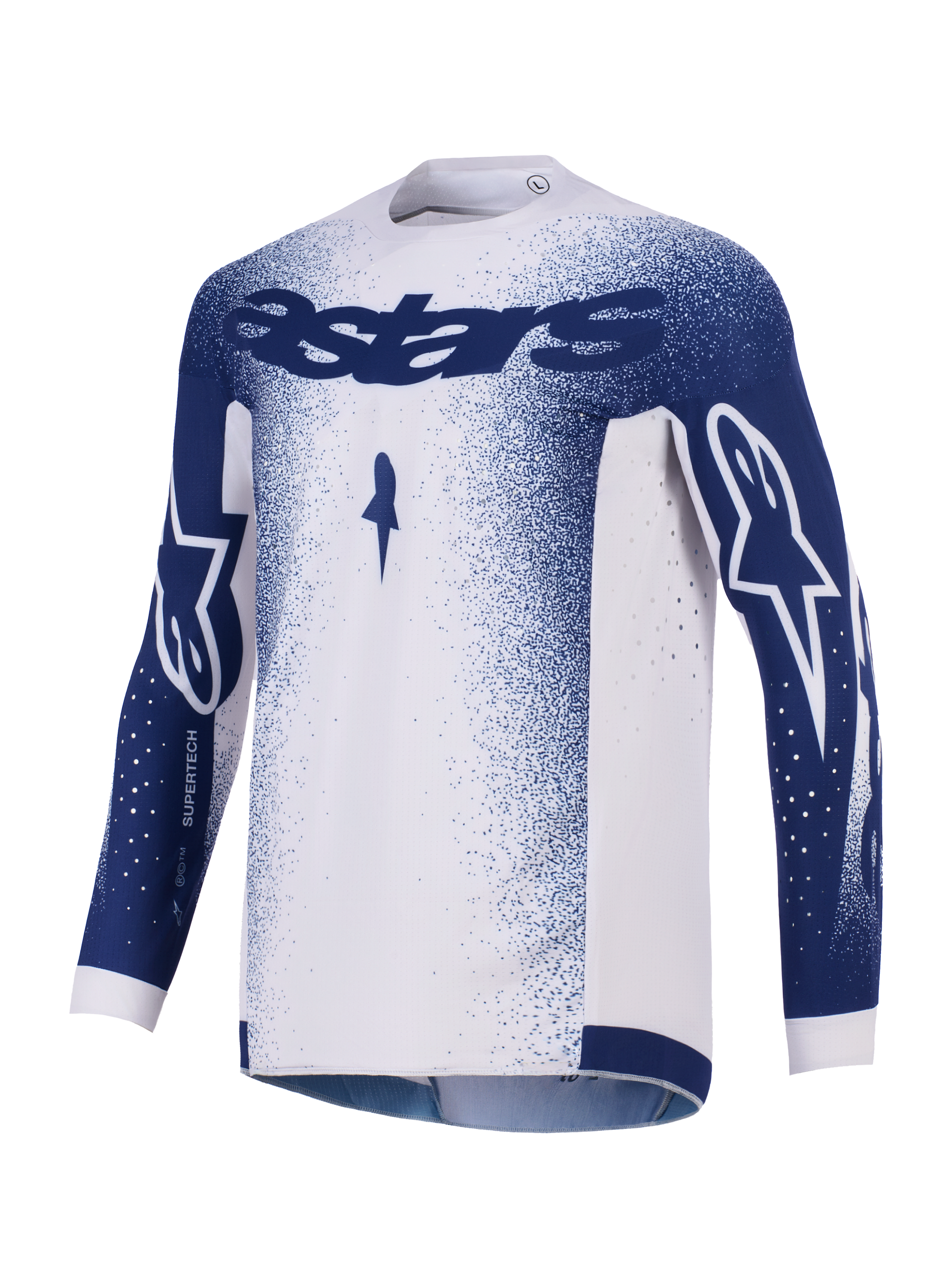 Alpinestars 2026 Supertech Scenz Jersey, Motocross Jersey, Light Gray and Dark Blue, featuring dark blue Astars branding on the chest and sleeves, gradient speckle pattern, laser-cut perforations for ventilation, professional-grade off-road racing gear