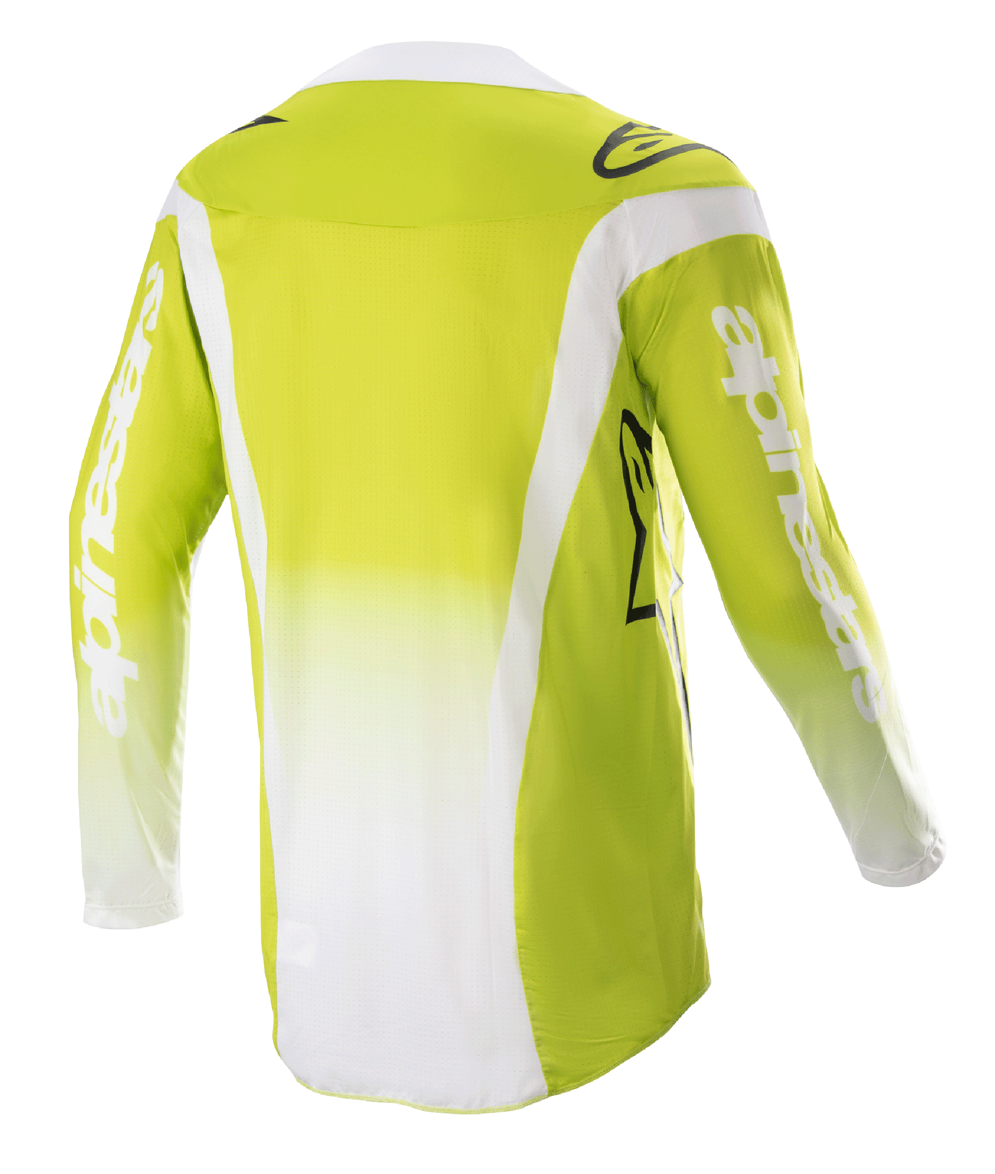 Alpinestars 2023 Techstar Push Jersey, Rear View, Yellow Fluo and White, Long Sleeve Motocross Jersey featuring white side panels and branding on sleeves, technical off-road gear