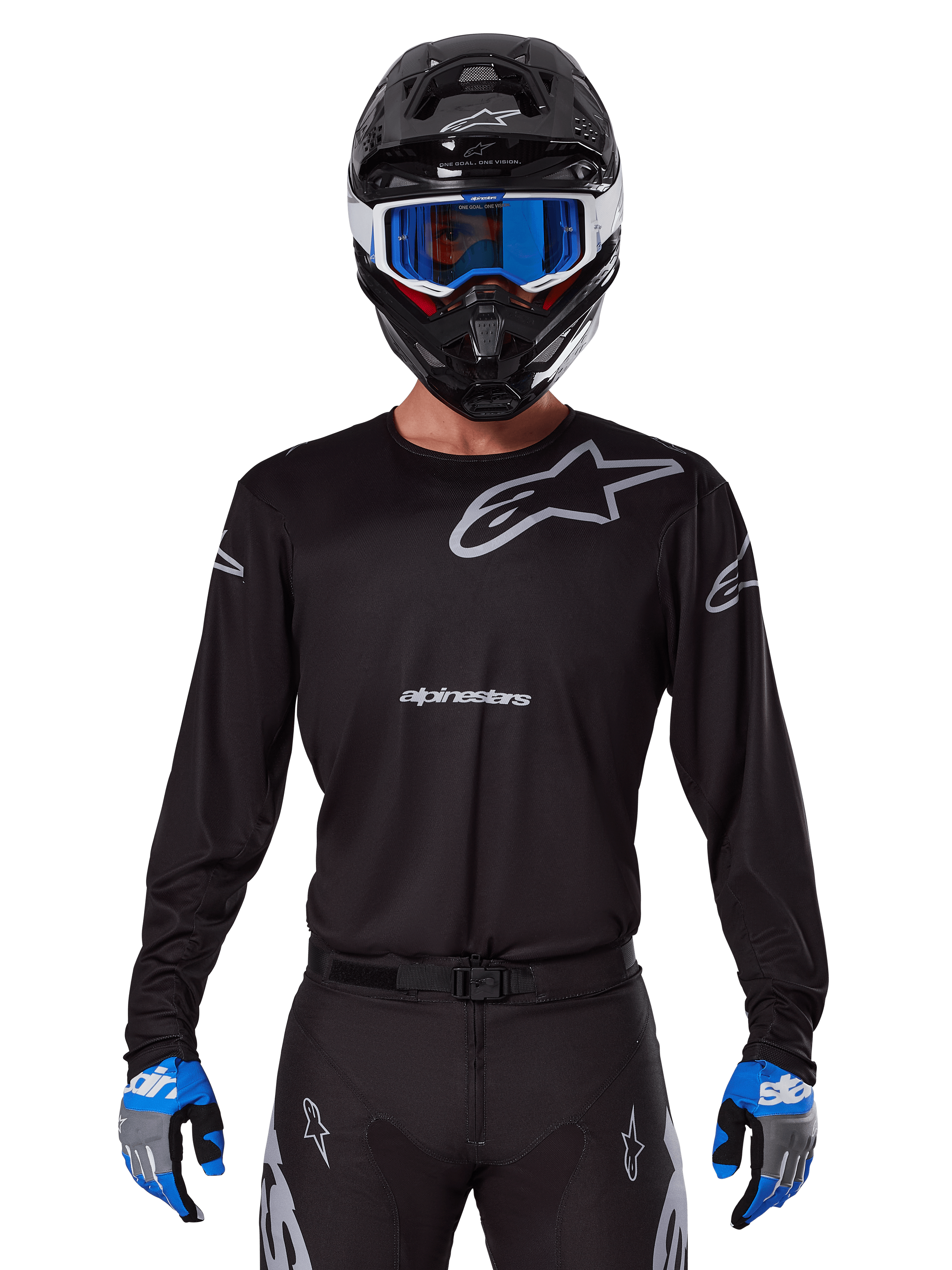 Alpinestars 2025 Racer Graphite Jersey, Motocross Racing Gear, Black with Gray logos, worn with matching black helmet, blue goggles, and blue and gray gloves, form-fitting performance design with chest and arm branding